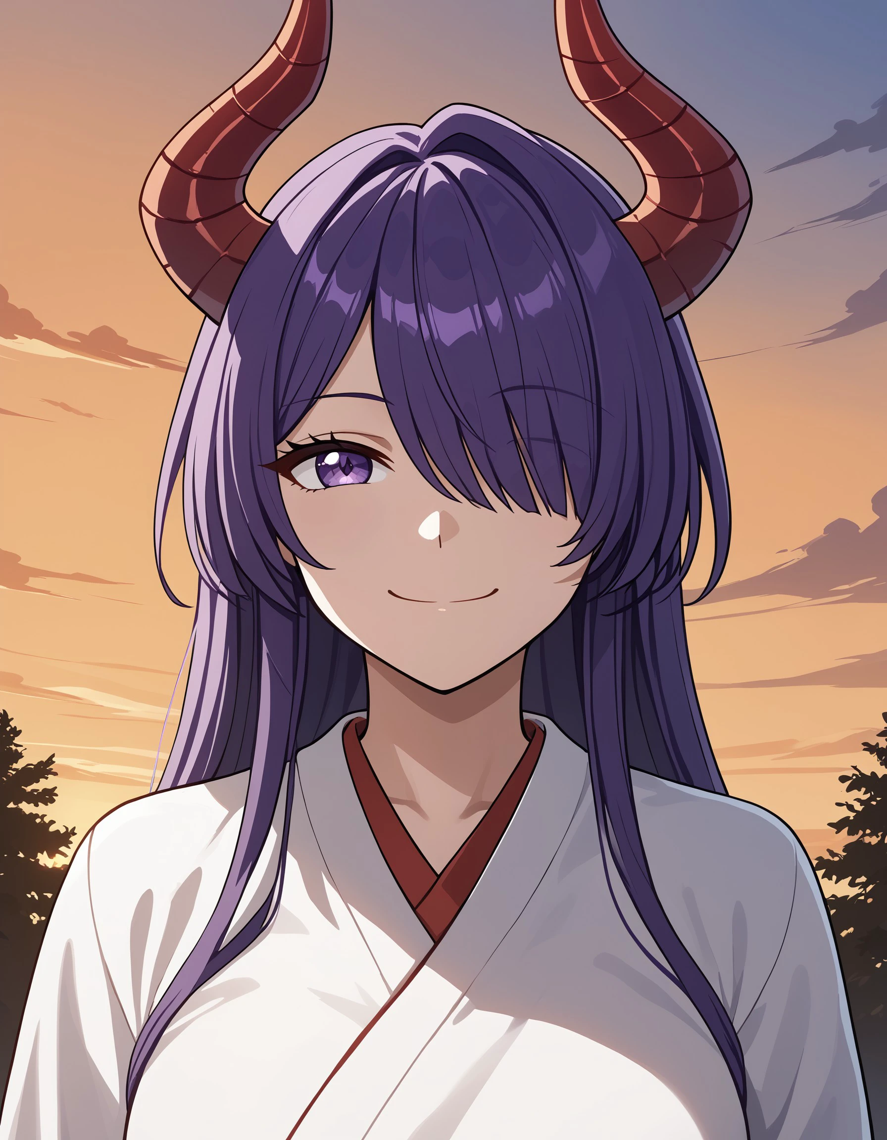 (masterpiece), best quality, expressive eyes, perfect face, hair over one eye, purple hair, purple eyes, long hair, acheronhsr, miko, red horns, evening, orange sky, light smile, closed mouth, happy, outdoors, <lora:637cc3c9-2b8e-40b8-9393-d0e047341720:0.7>