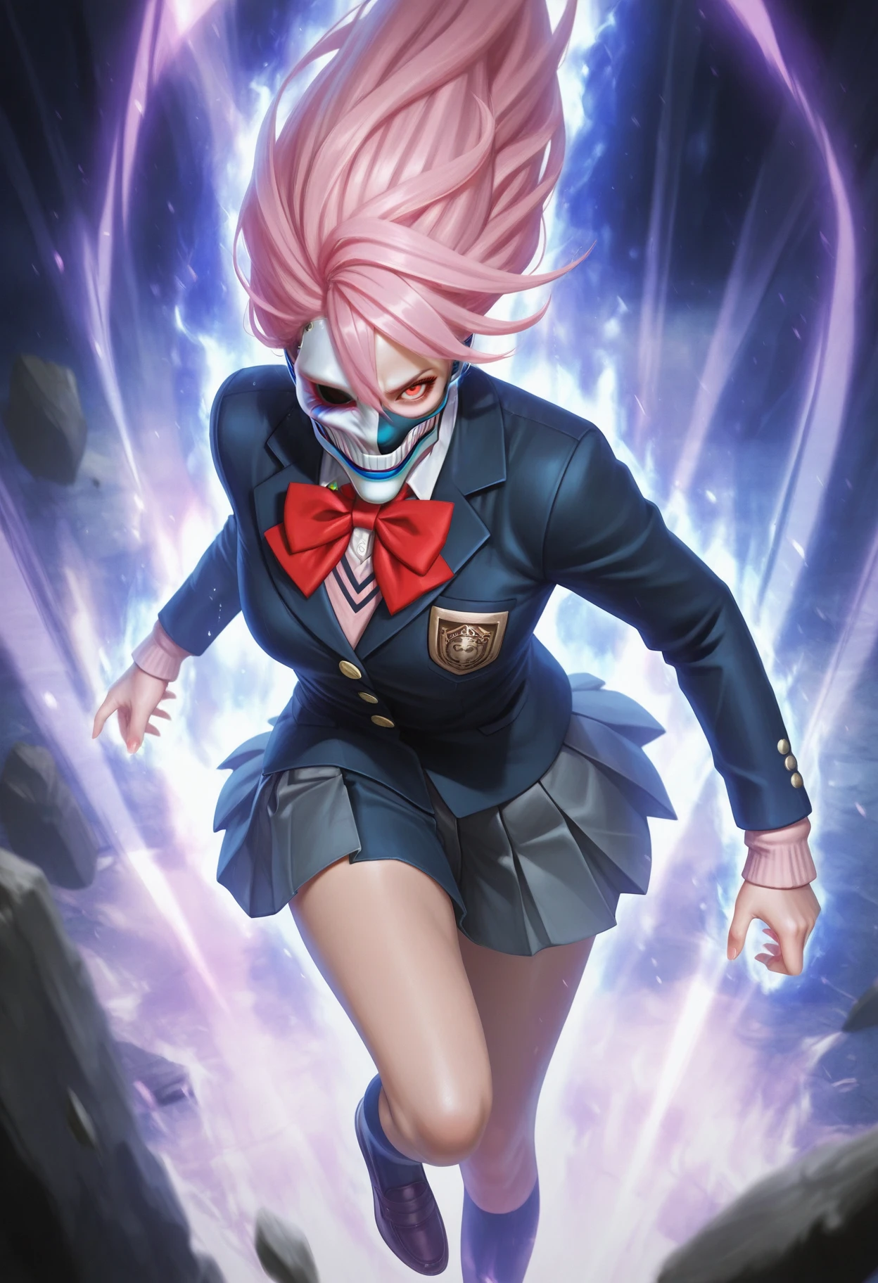 masterpiece, best quality, realistic,
 <lora:Aira Dandadan [IL]:1> 1girl, aira, pink hair, red eyes, mask, white mouth mask, long hair   ||1.  school uniform, red bow tie, pleated skirt, high socks, shoes, 
 <lora:Ultra Instinct [IL]:1.3> ultra_instinct, aura