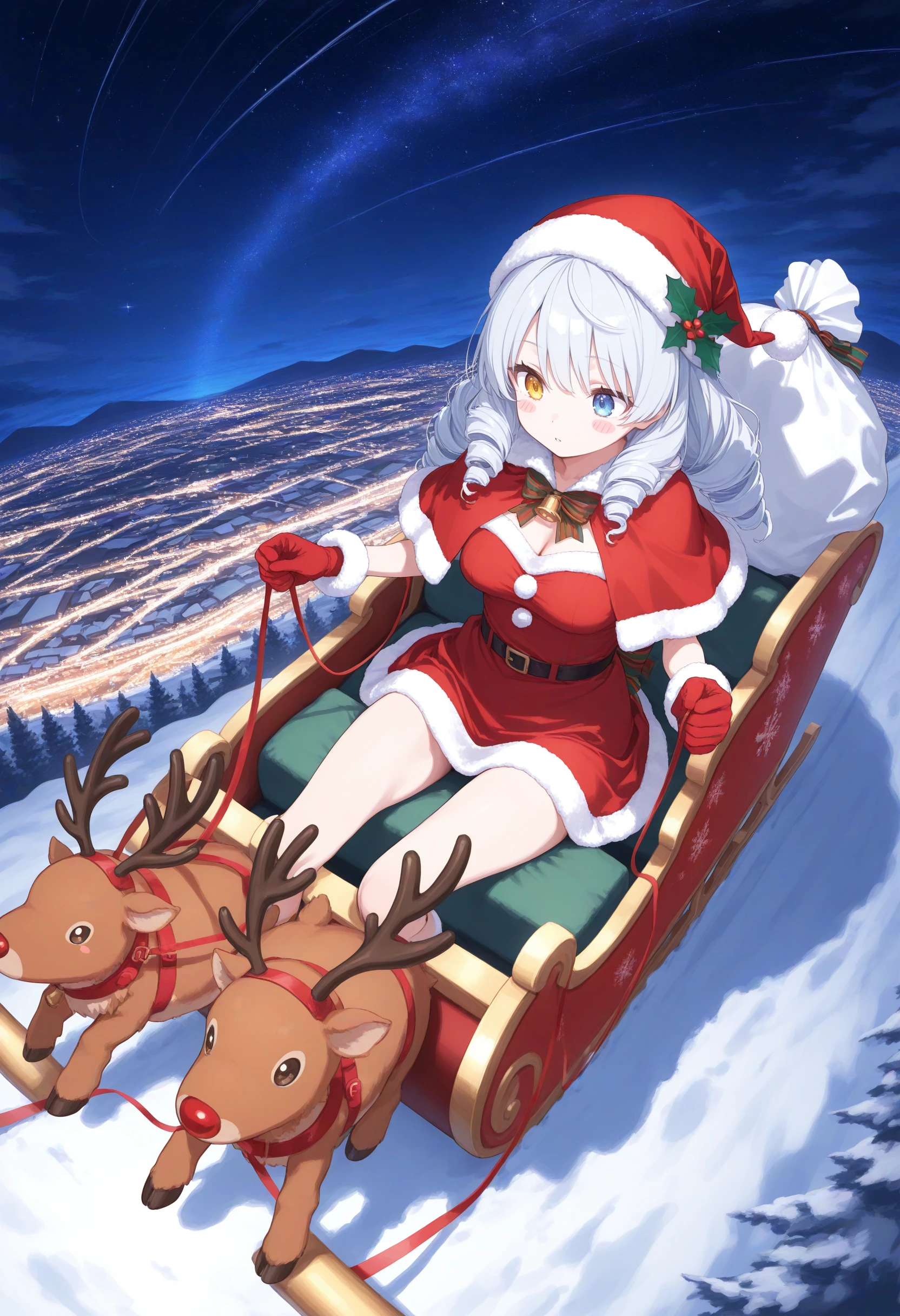 1girl,(sho \(sho lwlw\):0.7),(toosaka asagi:0.5),(sincos:0.3),solo,
masterpiece, best quality, newest, absurdres, CG, anime, source anime, illustration,
medium breasts,
santa hat, santa costume, sleigh, reindeer, capelet, sack, christmas, leash, star (sky), night, starry sky, night sky, flying, sitting, outdoors, <lora:sleigh_Illust_v1:0.8>
from above, full body, looking ahead, silver hair, heterochromia,blush stickers, parted lips, drill hair,