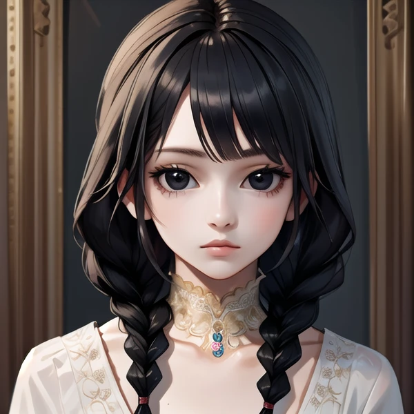 realistic, aesthetic, intricate, masterpiece, cute, 1 girl, solo, black hair, black eyes, twin braids, <lora:n15g_aio_hairstyles-1.0:0.8>