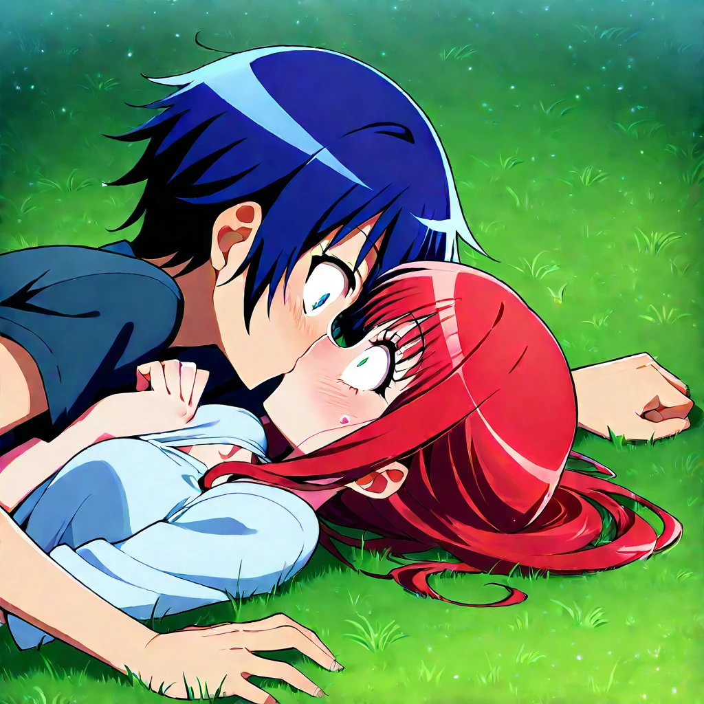 accidental kiss, hetero, 1boy, 1girl, on grass, blue hair, red hair, on back, wide-eyed, surprised, eye contact, 5 fingers, best quality, masterpiece