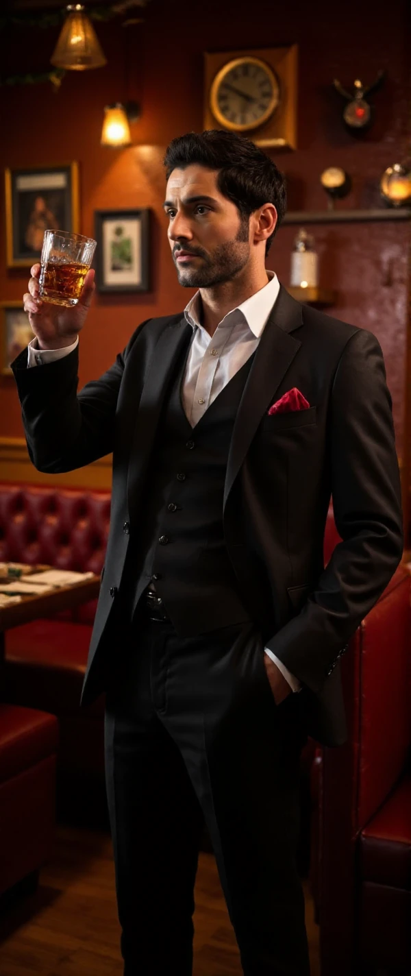 <lora:Lucifer:0.9> lucifer, full body, a man with facial hair, wears a suit and holds a glass of  wisky in a pub