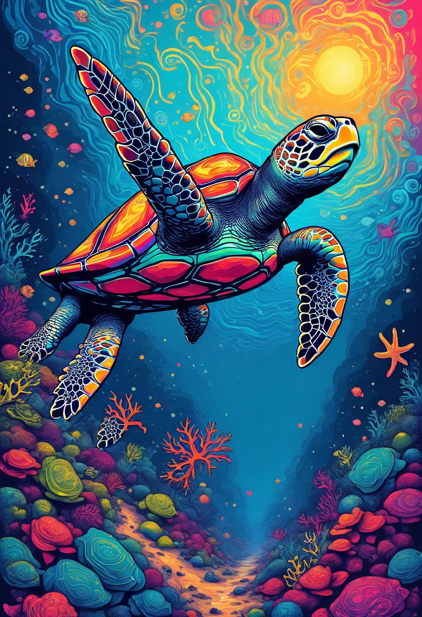 PschadelicPopSurrealism, with vibrant linoprint colors.  A psychadelic art lithograph of   A cute Sea Turtle wandering a crazy wonderland