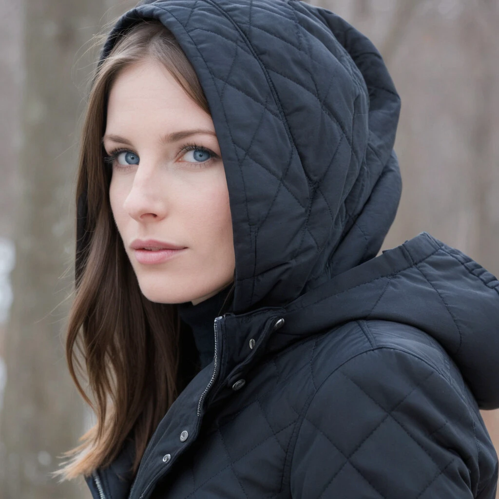 close up photo of a woman with straight brown hair, blue eyes, and a fair complexion. She is wearing a black quilted winter coat with a hood, side zippers, and a high collar, along with dark jeans. The environment is neutral or urban.