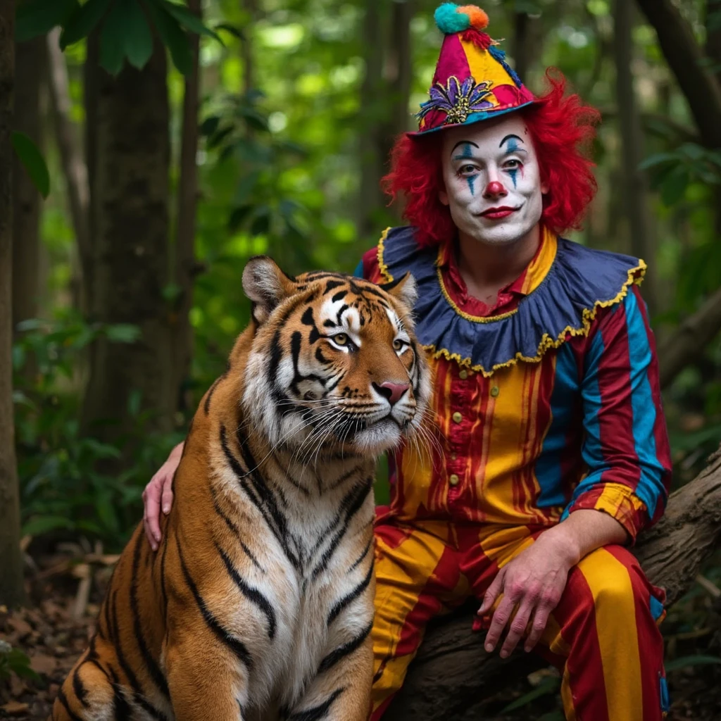 a professional portrait photo of m6zkk wearing a detailed clown costume, he has a light makeup and a stupid hat, in a south america jungle, a adult greatly sized tiger is sitting next to him