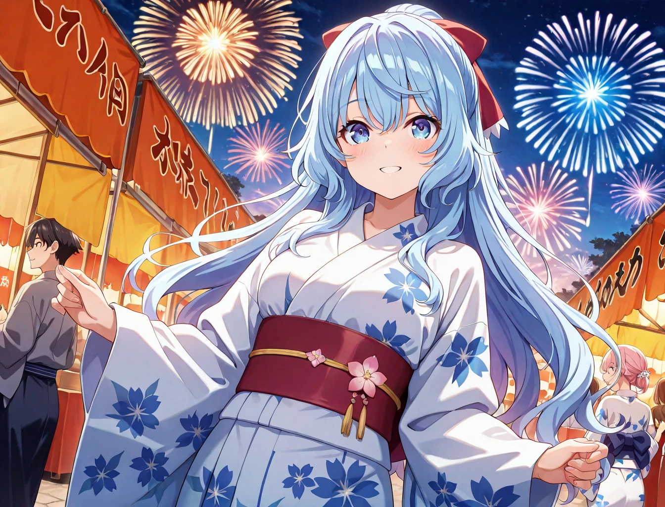 (masterpiece) ,best quality,amazing quality,very aesthetic,absurdres,newest, highres, anime style, BREAK Liselotte_Cretia, smile, yukata, festival, fireworks