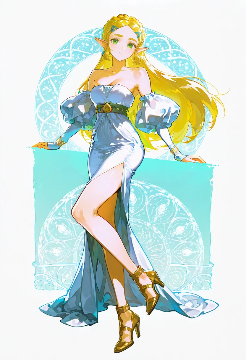 1girl,solo,looking at viewer,ikeda ruriko, puffy sleeve dress, detached sleeves,strapless,white dress,princess_zelda,high heels,