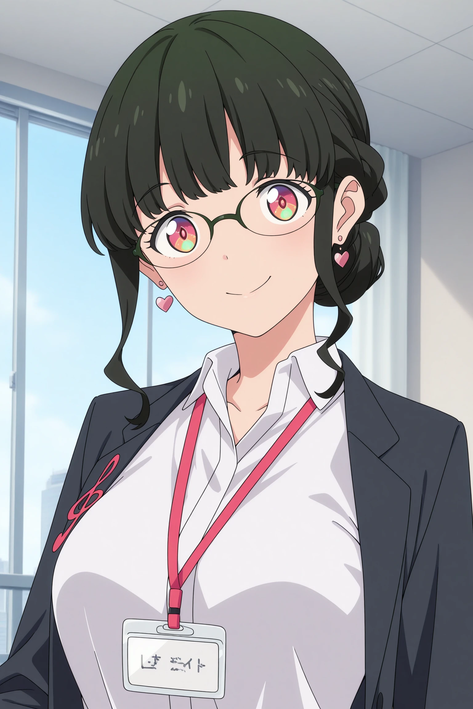 masterpiece, best quality, amazing quality, highres, absurdres, very aesthetic, high resolution, ultra detailed, perfect details, 1girl, indoors, medium breasts, anosillus the 2nd, dark green hair, short hair, half up braid, single hair bun, blunt bangs, sidelocks, multicolored eyes, glasses, heart earrings, grey jacket, musical note ornament, treble clef, white shirt, collared shirt, lanyard, open jacket, belt, grey pants, white footwear, flats, <lora:Anosillus_the_2nd_ILXL:0.8>, (aged up:1.2), (upper body:1.4), (pose:1.2), smile