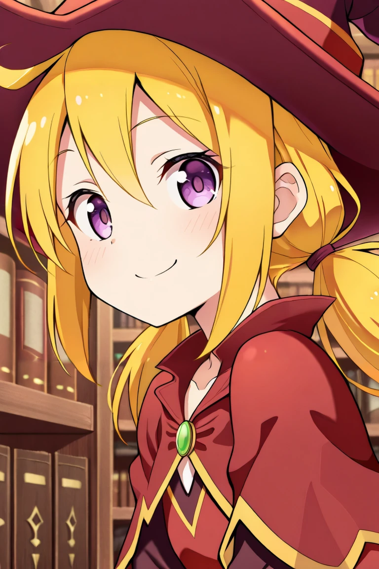 <lora:WitchYggIL:0.8> , widef, 1girl, blonde hair, low twintails, purple eyes, witch, red witch outfit, witch hat, close-up, face, looking at viewer, serene, elegant, graceful, smile, bookshelves, , solo, masterpiece, best quality, amazing quality, very aesthetic, high resolution,