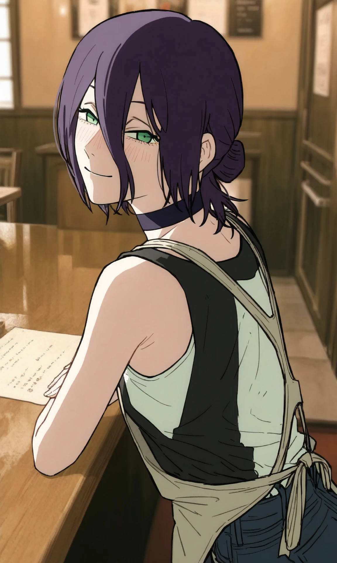 reze \(chainsaw man\), rezeanime, chainsaw man, 1girl, green eyes, medium hair, hair between eyes, single hair bun, choker, narrowed eyes, blush, smile, nose blush, two-tone shirt, apron, denim, from behind, leaning forward, table, restaurant, interior, mature female, skinny, cowboy shot, (masterpiece, best quality, very awa, recent:1.0)