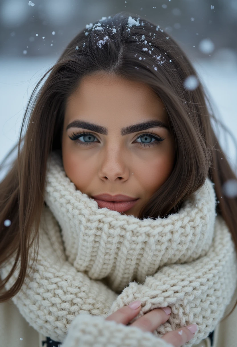 This is a highly detailed, close-up photograph of a woman's face set against a blurred, snowy background. The subject is positioned centrally, filling most of the frame. She has fair skin, mesmerizing eyes, and full, dark eyebrows. Her lips are slightly parted, revealing a hint of teeth, and her cheeks are dusted with snowflakes. Her nose is clean, with a slight dusting of snow, and her long, wavy hair is partially visible beneath a thick, knitted, cream-colored scarf. The scarf envelops her head and neck, providing a cozy, insulated look. The texture of the scarf appears soft and fluffy, contrasting with the smooth, clear skin of her face. The background is a soft, muted mix of blues and whites, indicative of a snowy landscape, with snowflakes gently falling around her. The overall composition is serene and intimate, capturing the essence of winter and the beauty of cold weather. The image exudes a sense of calm and tranquility, focusing on the subject's face as a central point of interest while maintaining a soft, dreamy quality. 0L1V31R4