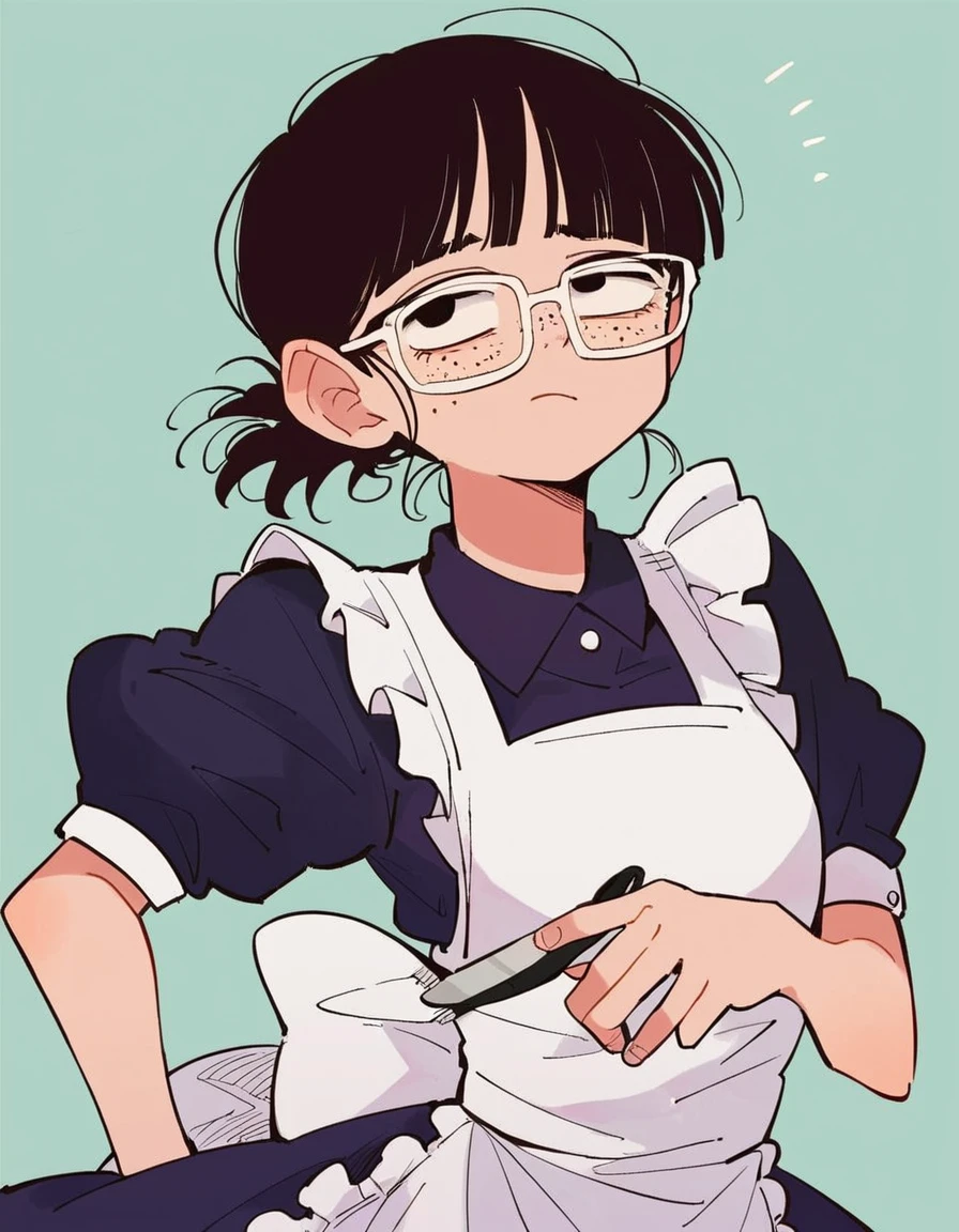 score_9, score_8_up, score_7_up, score_6_up, source_anime, anime coloring, <lora:by_mochi_au_lait-pony-000017:0.8> by mochi au lait, 1girl, solo, maid, glasses, jimiko, freckles, apron,
