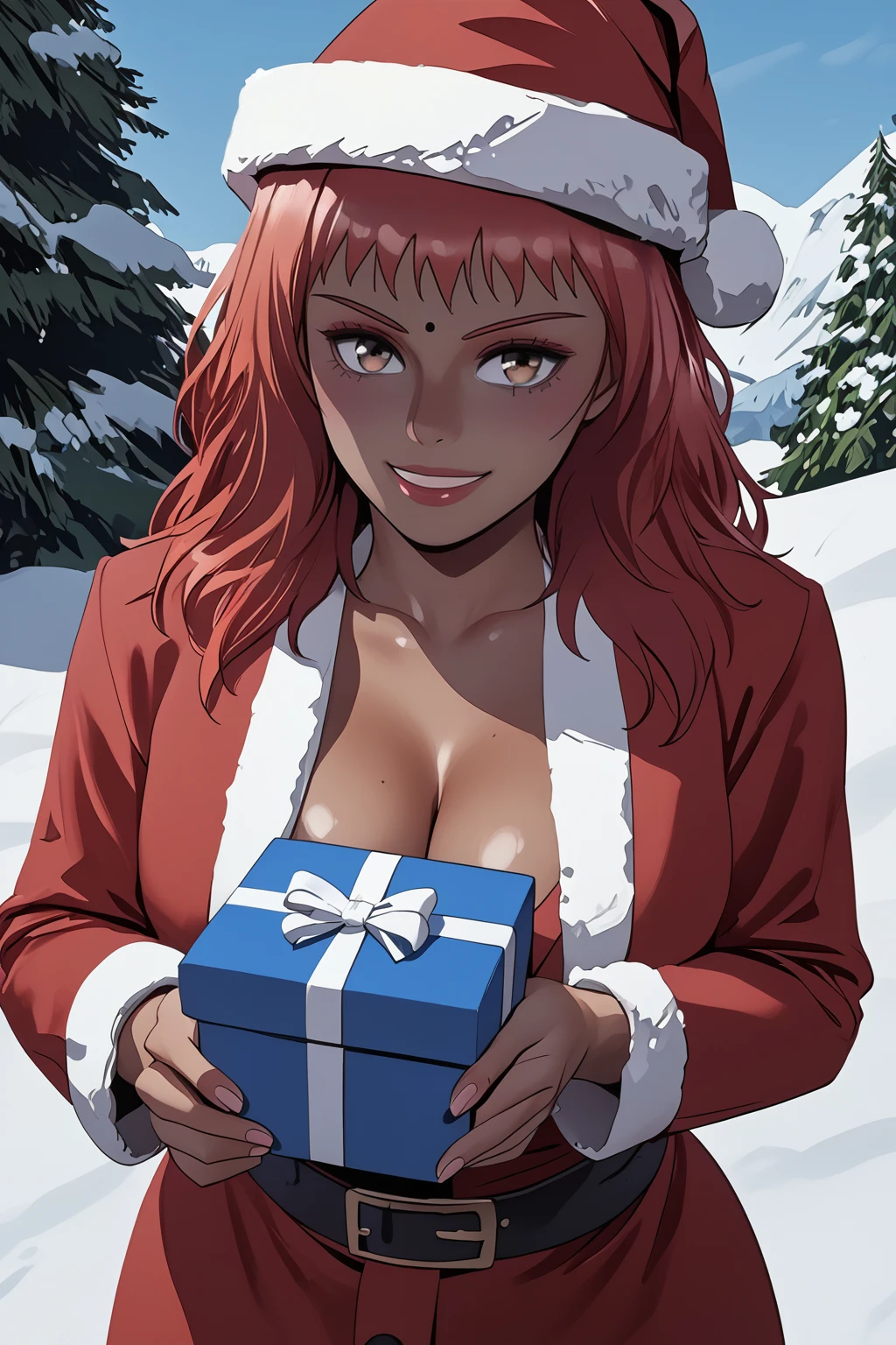 score_9, score_8_up, score_7_up, masterpiece, high quality, extreme detail, absurdres, (detailed skin texture) BREAK 3d
 <lora:Ha-YeonPonyLora:1>hayeon, dark skin, facial mark, santa hat, santa coat, cleavage, blush smile, holding present, snow