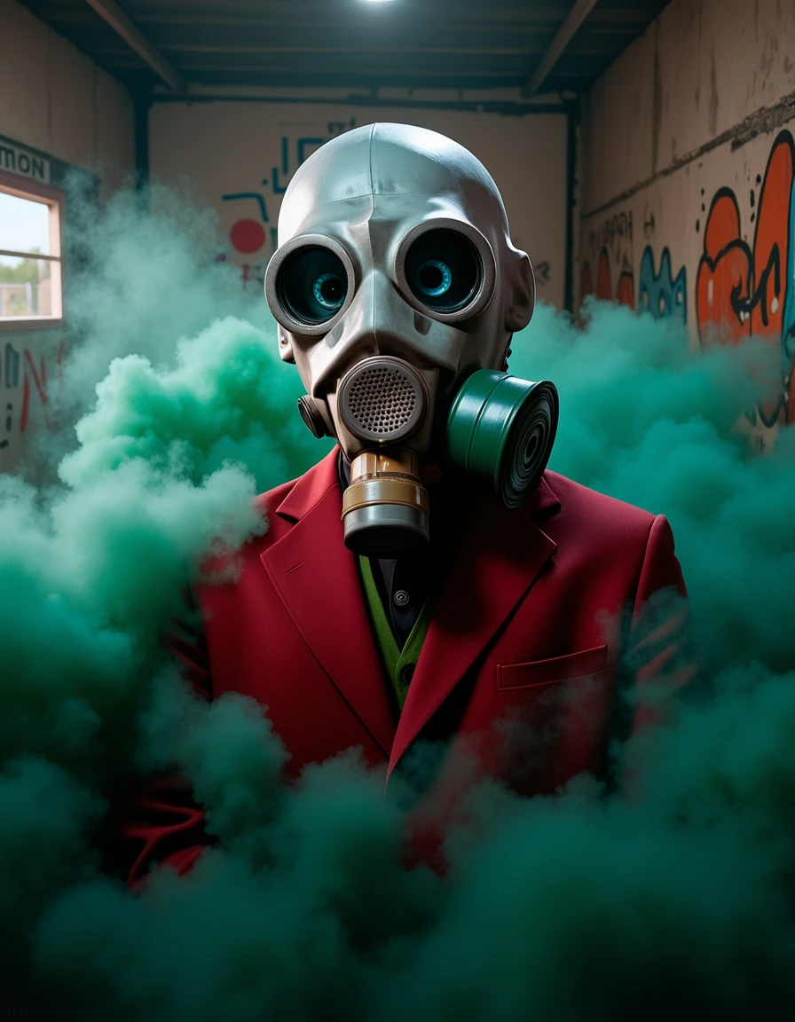 A sinister figure resembling the Joker, wearing a gas mask PMG with a cylindrical filter strictly located on the right side (gas mask filter cannot be misplaced), surrounded by swirling clouds of toxic green smoke, chaotic graffiti-covered walls in the background, eerie glowing eyes visible through the mask lenses, highly detailed textures, vibrant and dark color palette, dramatic lighting, sharp focus, 8k resolution <lora:Gas_mask_PMG_Nerekhta__FLUX:1>