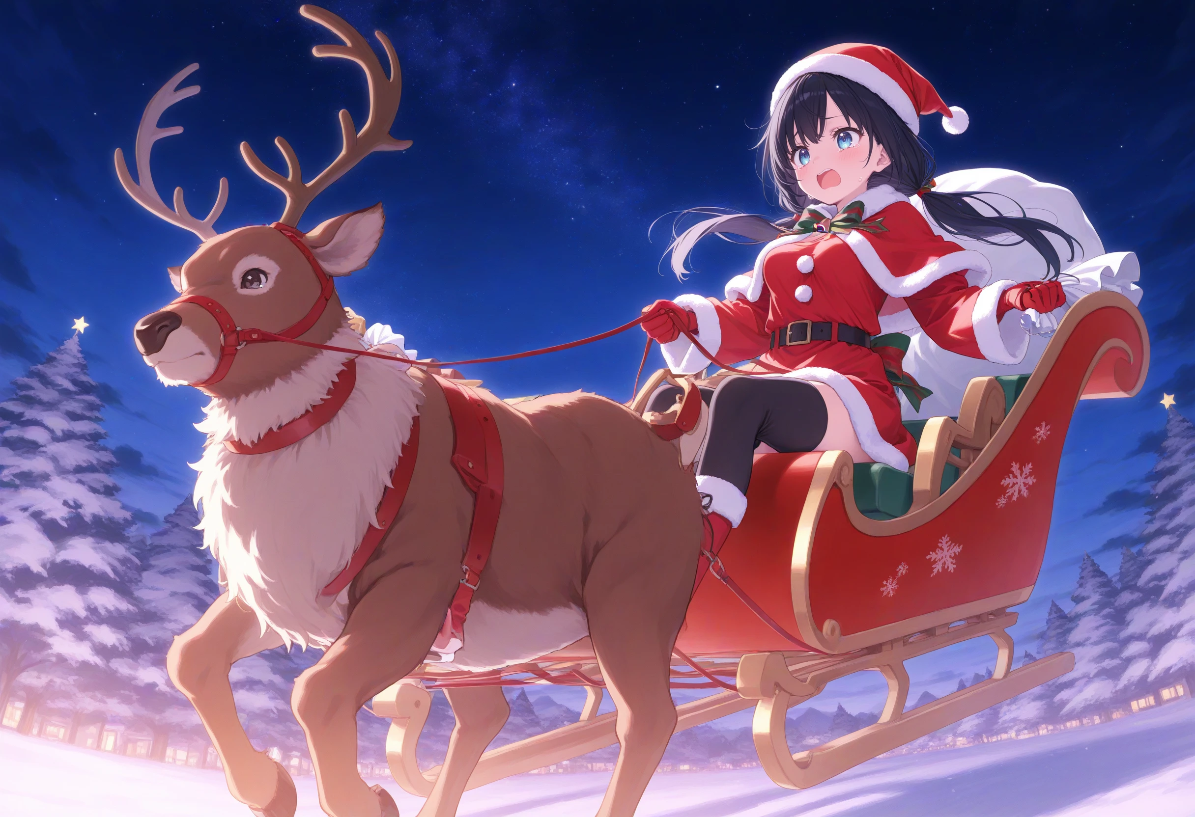 1girl,(sho \(sho lwlw\):0.7),(toosaka asagi:0.5),(sincos:0.3),solo,
masterpiece, best quality, newest, absurdres, CG, anime, source anime, illustration,
medium breasts,
santa hat, santa costume, sleigh, reindeer, capelet, sack, christmas, leash, star (sky), night, starry sky, night sky, flying, sitting, outdoors, <lora:sleigh_Illust_v1:0.8>
ceiling, full body, looking ahead, black hair, blue eyes,tears, open mouth, low twintails hair,