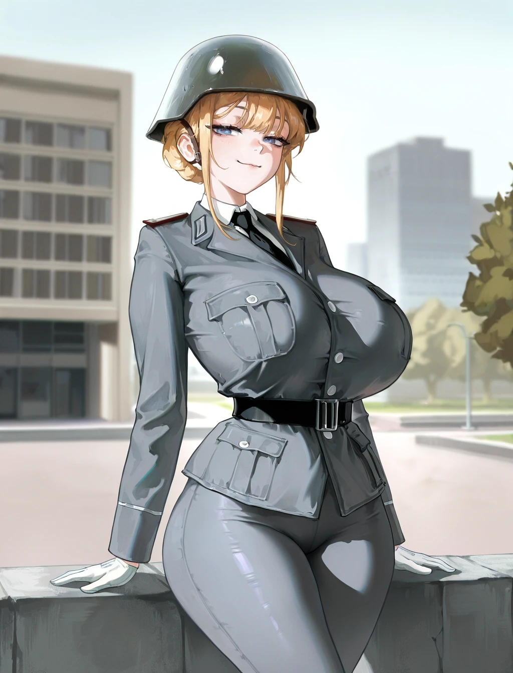 amazing quality, 1girl, solo, curvy, (plump:0.6), (huge breasts:1.1), (round breasts:1.3), wide hips, thick thighs, <lora:glavakolhoza_ddruniform:1>, military uniform, gray color, belt, combat helmet, pants, white gloves, buttons, shirt, necktie, no badges, outdoors, city, street, park, concrete architecture, twentieth century, elegant pose, smug, looking at viewer, long blonde hair, blue eyes, scenery, masterpiece, best quality, good quality, newest, very aesthetic, absurdres, (snegovski:0.855), (mamimi \(mamamimi\):0.8),[(dino \(dinoartforame\):1.2), niri \(eunhaha02\),(nyong nyong:0.8),(nat the lich:1.2)]