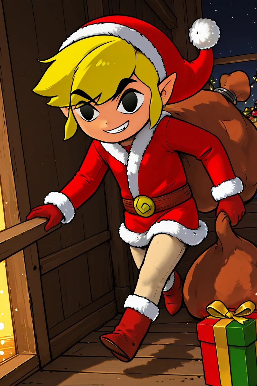 masterpiece, best quality,   zzSantaLink, 1boy, solo,   Santa Link, mischievous grin, gloves, hat, black eyes, christmas, gift, santa costume, riding a shield as a sleigh, sliding down a snowy hill, presents flying out of gift sack, chaotic energy     ,<lora:SantaLinkIXL_v2:1.0>,