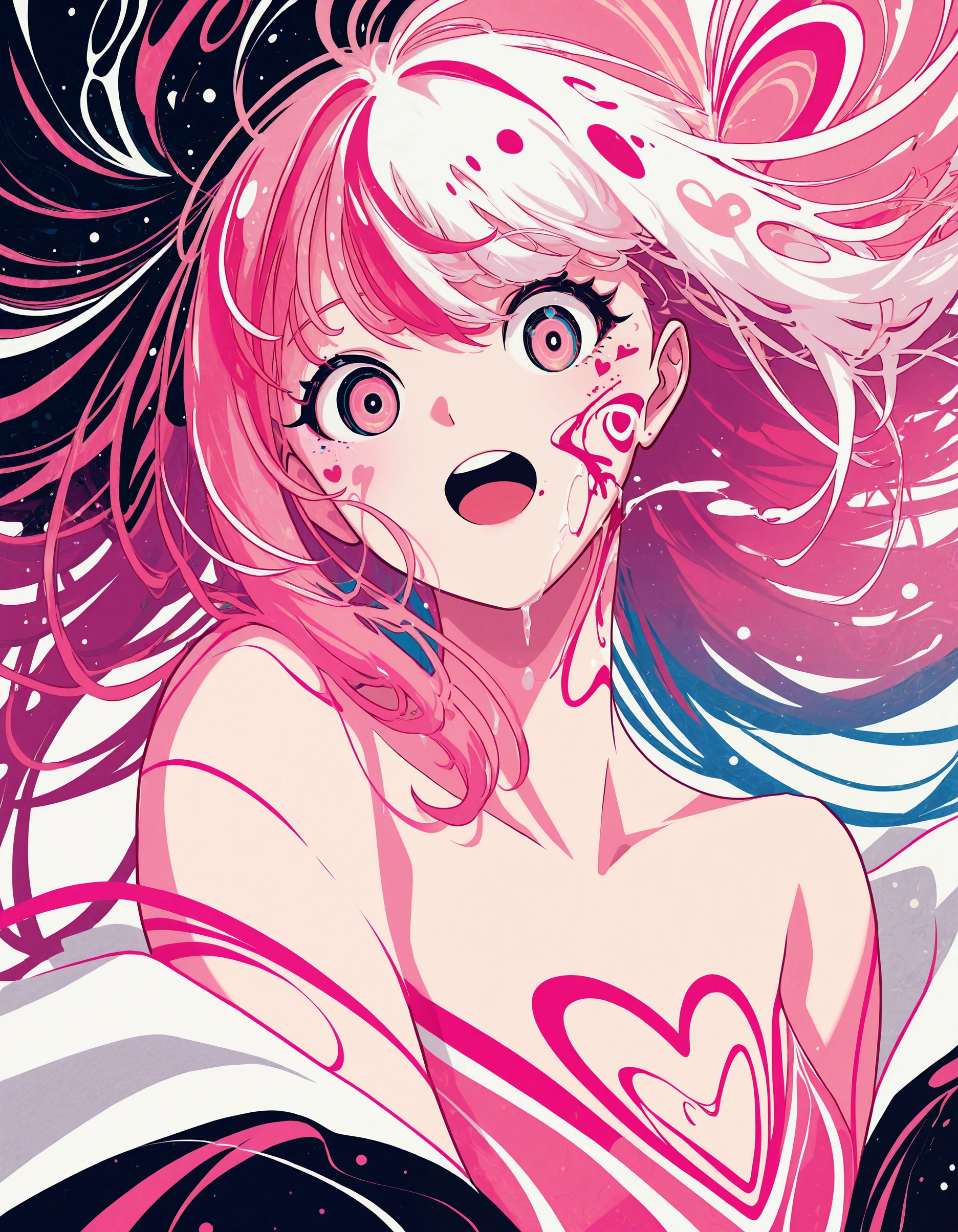 best_quality,masterpiece, <lora:berryverrine_2:1>,b3rr1_illu, abstract, minimalism, Anime-style character, vibrant pink color palette, abstract swirling shapes, expressive wide eyes, open mouth, flowing hair, dynamic composition, heart symbol, geometric patterns, surreal artwork, digital illustration, bold contrasts, fluid lines, psychedelic style, pink and white tones, anime girl portrait, energetic design, pop art influence, manga-inspired, stylized facial features