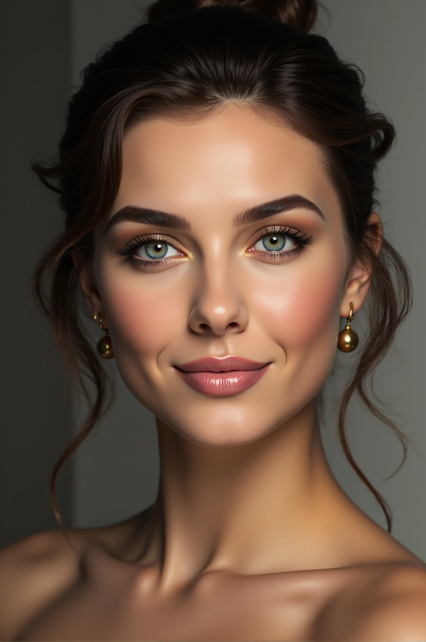 <lora:FFS_v.4:0.75> FFS style face. A young woman with a light olive skin tone, showcasing a close-up portrait. She has striking blue-green eyes with a piercing gaze, framed by well-groomed, dark brown, slightly curly hair styled in a loose, elegant updo. Her eyebrows are meticulously drawn, enhancing her expressive facial features. She has a delicate nose, small, well-proportioned lips, and a slight, gentle smile. Her skin is smooth, with a radiant, almost ethereal glow, giving the impression of dewy, healthy skin. The woman's complexion features a subtle blush on her cheeks and a light, natural makeup look with a focus on her eyes and lips. The background is a blurred gradient of neutral colors, primarily dark grey and white, which doesn't detract from the subject but provides a soft, diffused effect.