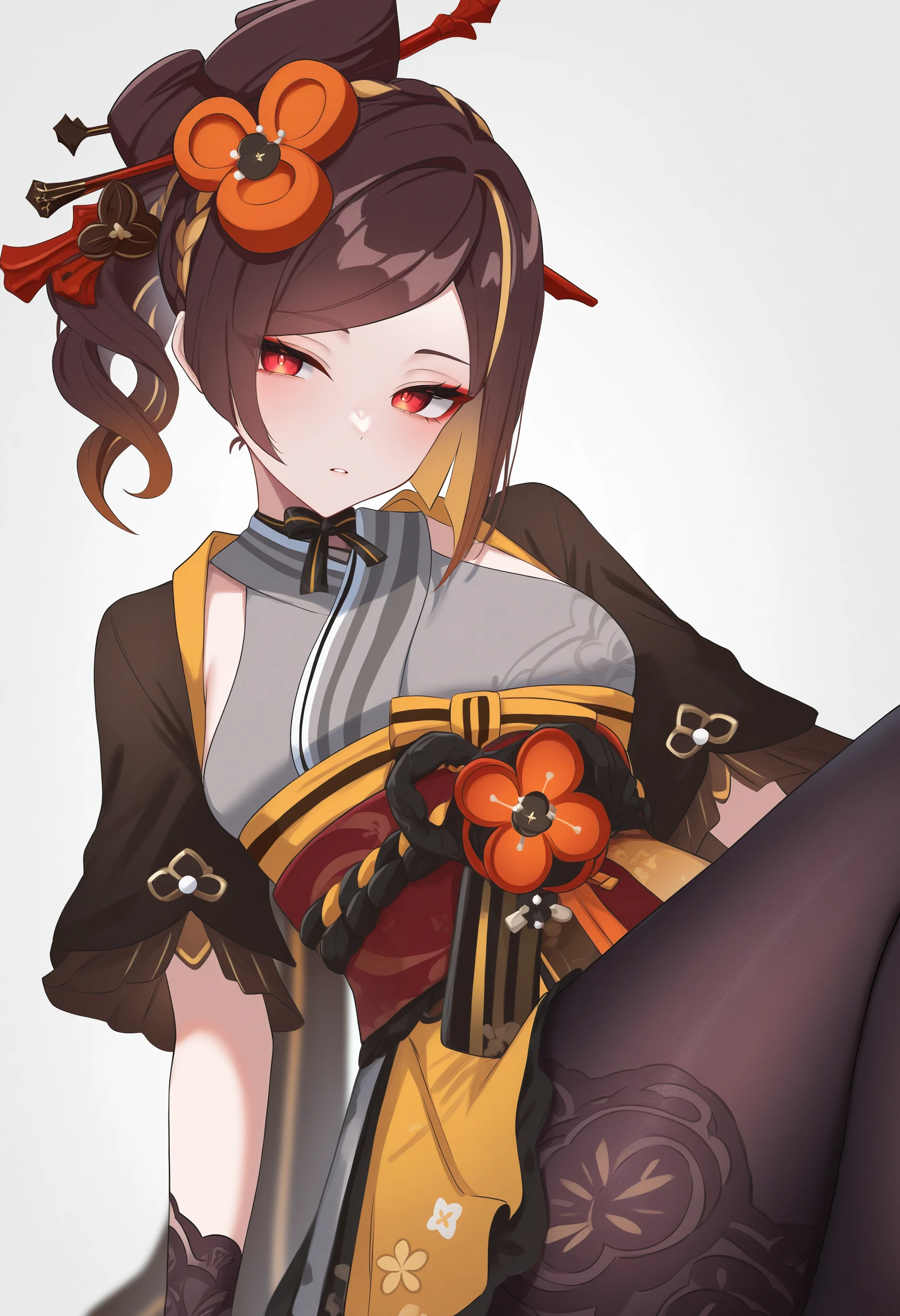 masterpiece, best quality, newest, absurdres, highres, solo, 
<lora:wrenchGIChiorillu:1>, wrnchgichiori, multicolored hair, brown hair, blonde hair, red eyes, long hair, ponytail, 
hair ornament, hair stick, 
kimono, black pantyhose, black gloves, sash, obi, yellow skirt, grey kimono, short sleeves, wide sleeves, portrait, parted lips,