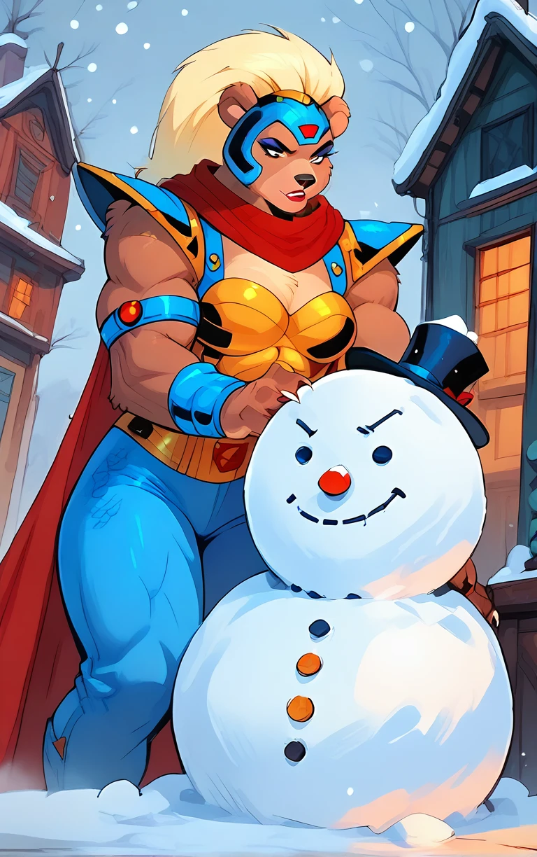 l4dyursul4, 1girl, furry cleavage, gold armor, blue pauldrons, red cape, blue headguard, makeup, muscular female, furry, sn0wm4n, snowman, top hat, outdoors, snowing, <lora:lady_ursula_-_sm_unlimited_v1:0.8>, <lora:build_a_snowman_concept_v1:1.0>, score_9, score_8_up, score_7_up, score_6_up, score_5_up, score_4_up,