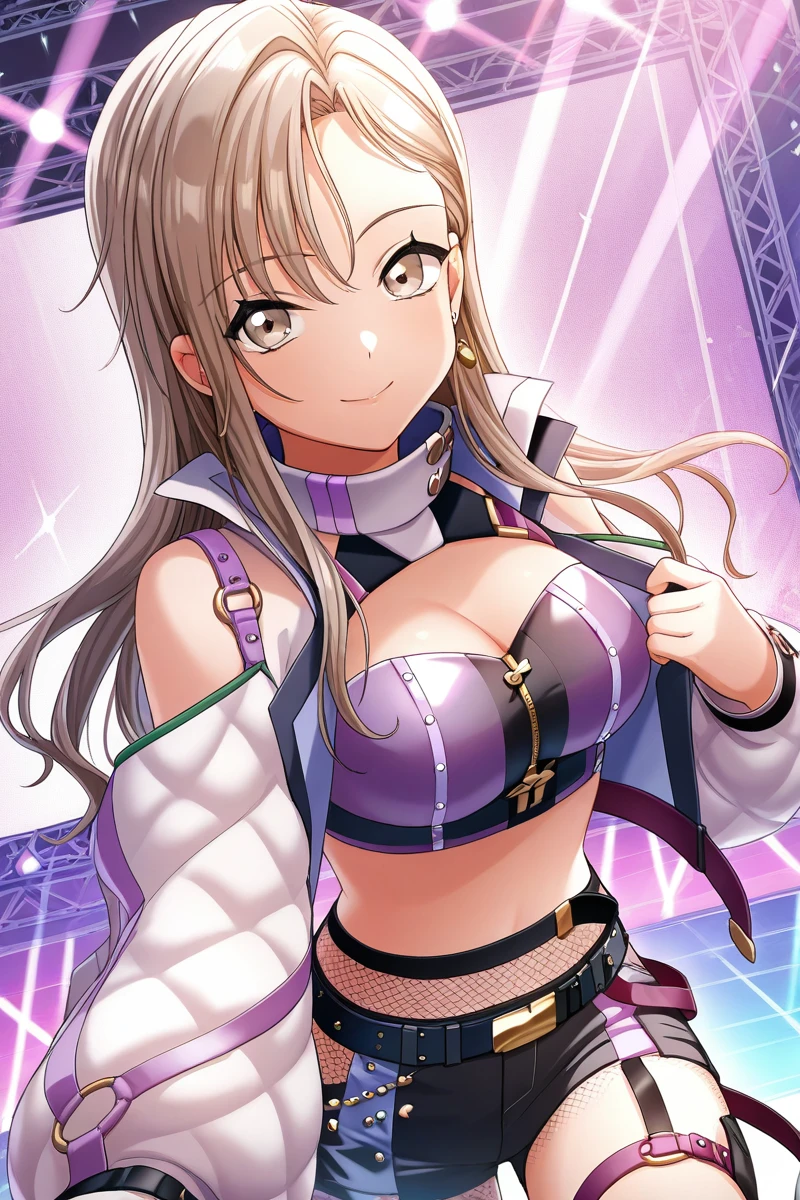 masterpiece,best quality,amazing quality,,
 <lora:HayateIL:1> hayate, 1girl, solo, breasts, smile, long hair, looking at viewer, shorts, fishnets, crop top, cleavage, jacket, midriff, earrings, stage outfit, on stage