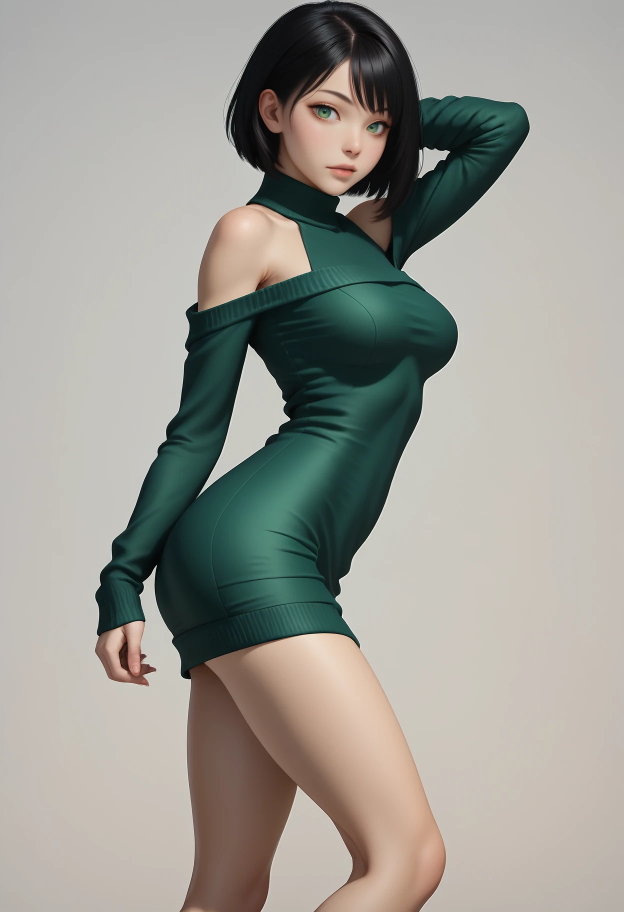 ((masterpiece, best quality, absurdres)),
1girl, solo, wide shot, sexy sweater dress, green dress, long sleeves, bare shoulders, standing, contrapposto, hand behind head, looking at viewer, from side,
 <lora:Dark_Jade_Illust_v1:0.8> d4rkj4d3, black hair, green eyes,