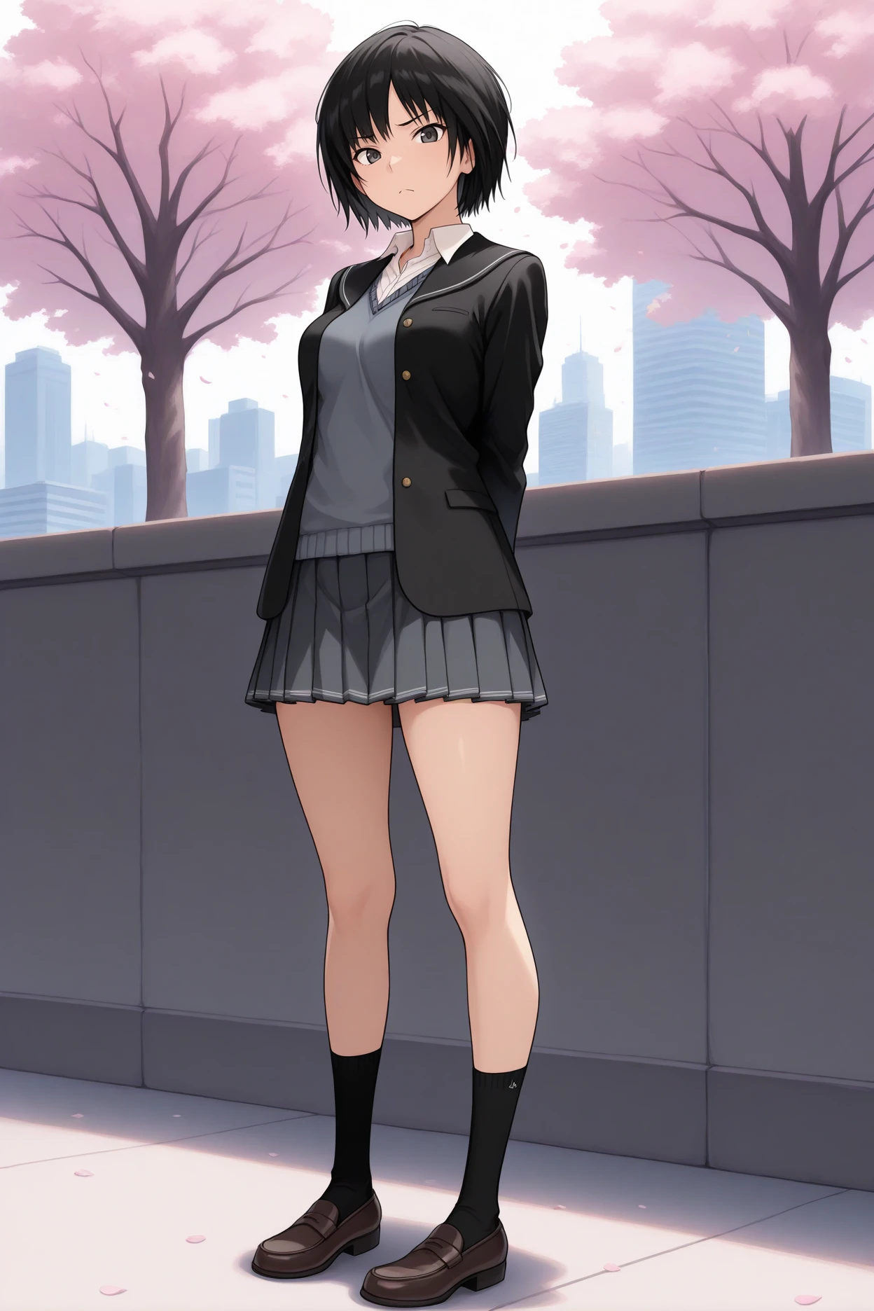 masterpiece, best quality, 1girl, solo,  <lora:nanasakiai-illu-nvwls-v1-000005:1> amagamiai, black hair, short hair, black eyes, black blazer, black sailor collar, collared shirt, grey sweater vest, grey miniskirt, pleated skirt, black socks, loafers, arms behind back, pigeon-toed, frown, full body, looking at viewer, medium breasts, city, trees, cherry blossoms