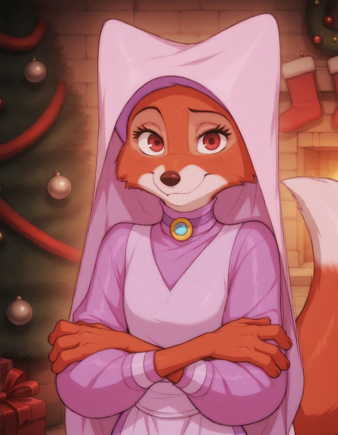 Maid_Marian, solo, red fur skin, pink dress, red eyes, fox tail, orange paws, furry, fox, crossed arms, christmas hat, looking at viewer, christmas tree, garland, closed mouth, 4 fingers
 <lora:Maid_Marian_illustriousXL:0.8>
materpiece, best quality