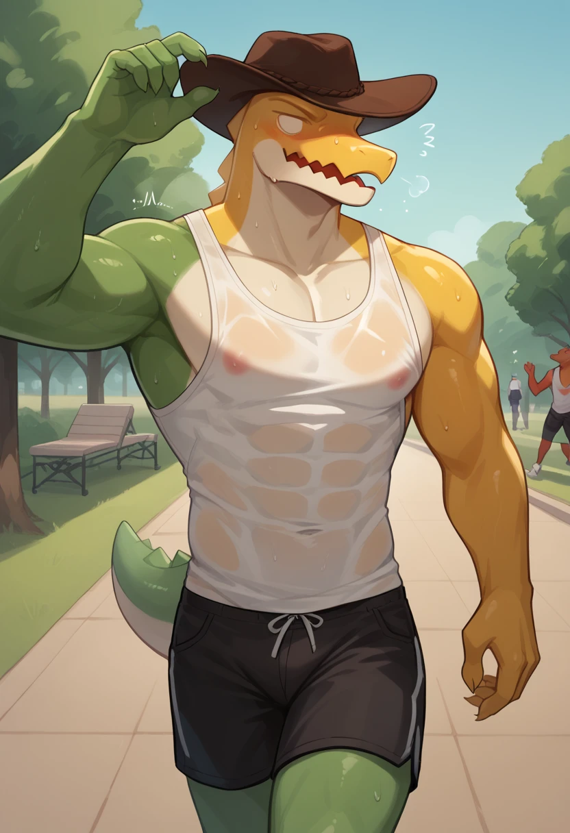 score_9, score_8_up, score_7_up,
((best quality)), absurdres,
<lora:GummigooPXL:1> GummigooPXL, anthro, male, slim figure, no pupils, 1boy,
park, jogging, in motion,  tank top, short shorts, translucent topwear, sweat, outdoors, half body portrait,
<lora:Smooth Anime Style LoRA XL:0.7> Smooth, Anime, <lora:Expressive_H:1> Expressiveh,