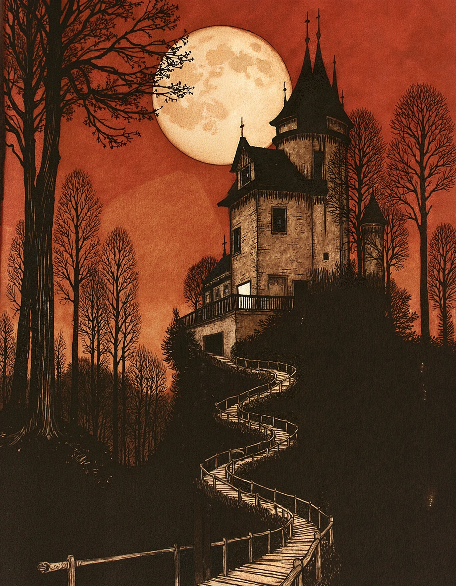 linquivera, Ink illustration, (anime:0.5), brown tones, aged black red paper, inkpunk, moonlight,surreal, a cat on a castle balcony in the forest, (at a distance), Will-o'-the-wisp, moonlit, lonely, solitude, windy, tall trees, willows, willowy, OverallDetail, extremely detailed, UHD,(long exposure , dystopian but extremely beautiful:1.4). In the style of grimmold<lora:Grimmold.safetensors:1.0:1.0>