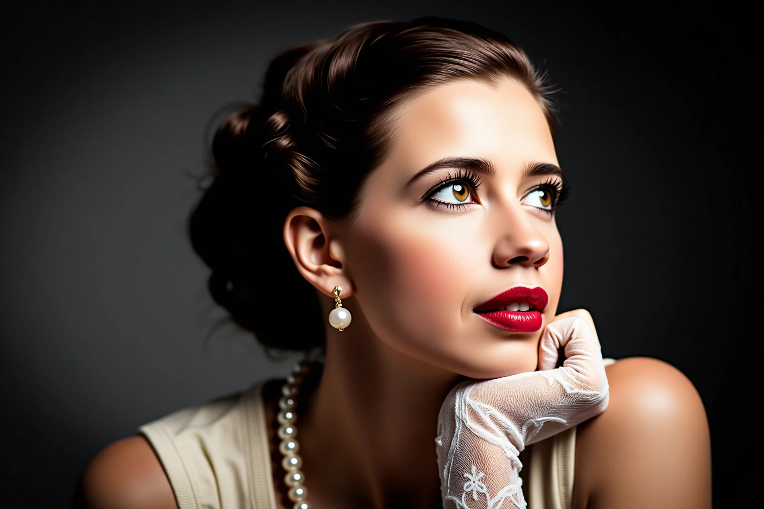 Close-up portrait of kalkikoechlinukohwx styled in a timeless updo.  Her expression is contemplative, gazing upward with a hint of sadness.  Her complexion is fair, and she wears sophisticated makeup, including dark brown eyeshadow, defined eyebrows, and striking red lipstick.  A strand of pearls graces her neck, and matching pearl earrings complement the elegant look.  She is wearing a simple, off-white sleeveless top.  The woman is leaning her head on her left hand,  which is covered by a pair of delicate, sheer, white, lace gloves.  The gloves' delicate lace pattern and the textures of the pearls create an interesting contrast.  The background is a dark, moody gray, focusing all light and attention on the subject, creating a dramatic and romantic mood. The lighting is dramatic, highlighting the contours of her face while leaving parts of the image in shadow, giving a studio portrait feel.  The overall artistic style evokes a mixture of 1940s glamour and contemporary portraiture with a dramatic mood.
