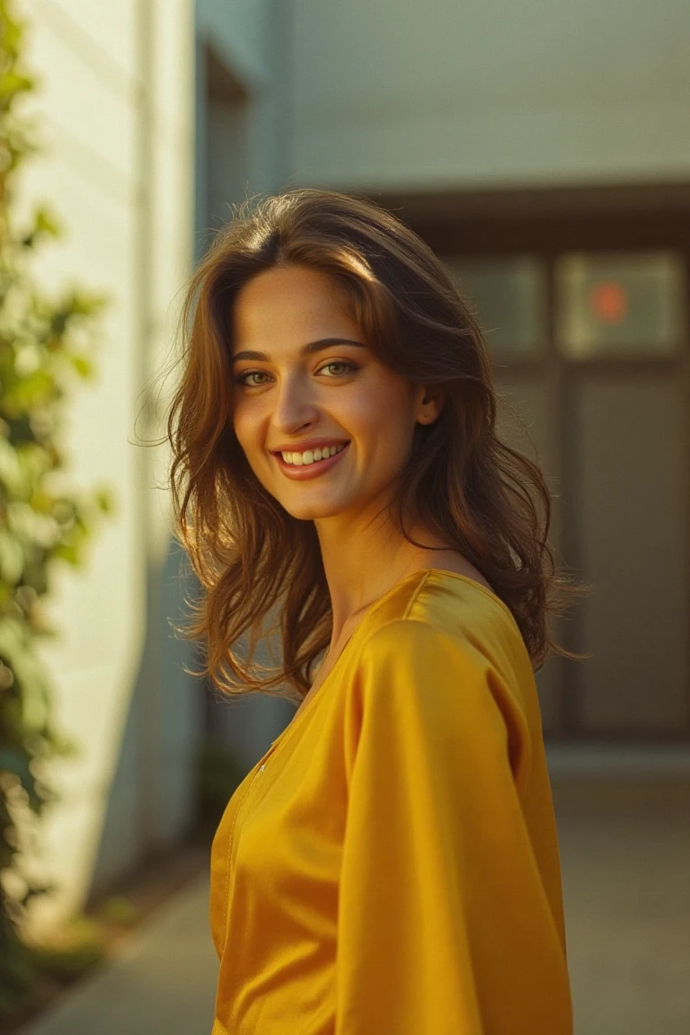 "A perfectly lit, highly detailed 35mm analog film photograph, shot on vintage Kodachrome film stock. A brunette woman stands confidently smiling in a close-up frame, her face softly illuminated by the golden light of the late afternoon sun. She is dressed in a modern outfit: a yellow silk dress 

The backdrop features a minimalist urban setting—a clean, textured concrete wall with ivy cascading down one side, offering a subtle pop of greenery. The sunlight casts warm highlights on her hair, styled in loose, effortless waves, and adds a radiant glow to her skin. The depth of field is shallow, blurring the urban surroundings into a creamy bokeh, emphasizing her serene expression and modern elegance. The Kodachrome film’s signature rich tones bring out the warm neutrals of her outfit and the golden hues of the lighting, creating a timeless yet distinctly modern aesthetic."