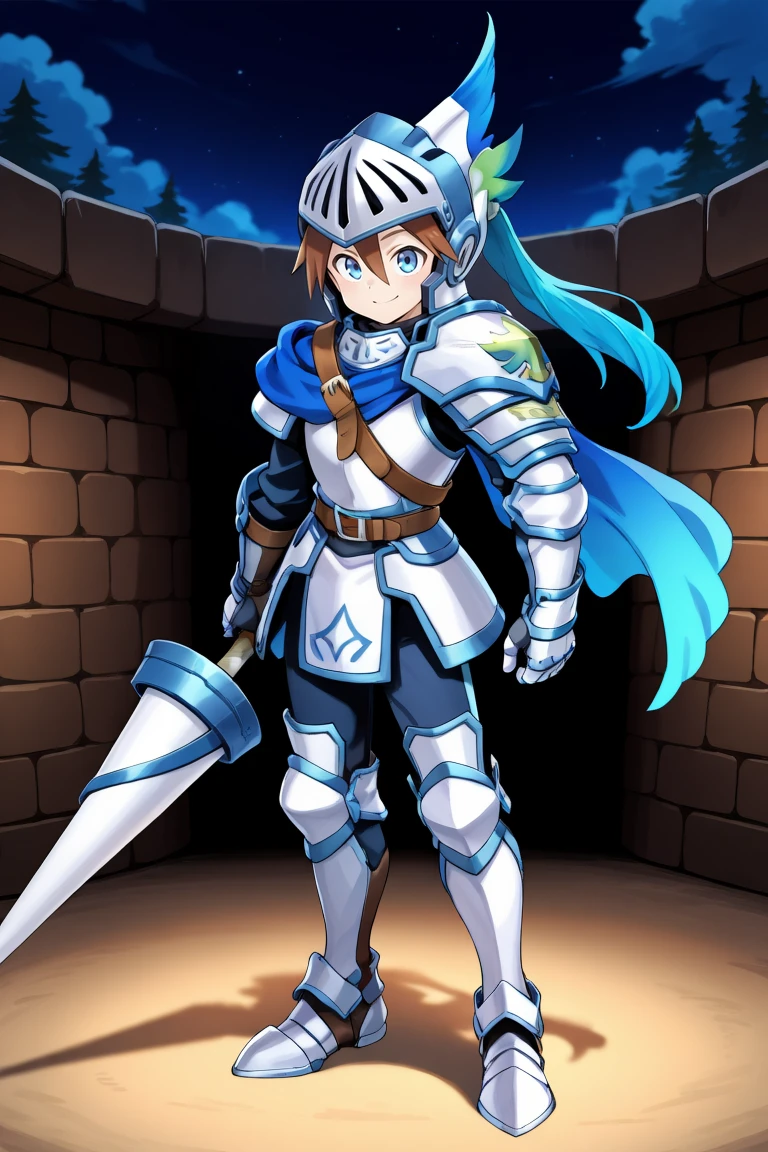 <lora:DurantIL:0.8> , durdef, 1boy, brown hair, short hair, hair between eyes, blue eyes, helmet, blue plume, multicolored plume, visor \(armor\), armor, blue scarf, shoulder belt, single pauldron, shoulder armor, gauntlets, greaves, full body, looking at viewer, confident smile, night, holding lance, hand outstretched, fortress in background, , solo, masterpiece, best quality, amazing quality, very aesthetic, high resolution,