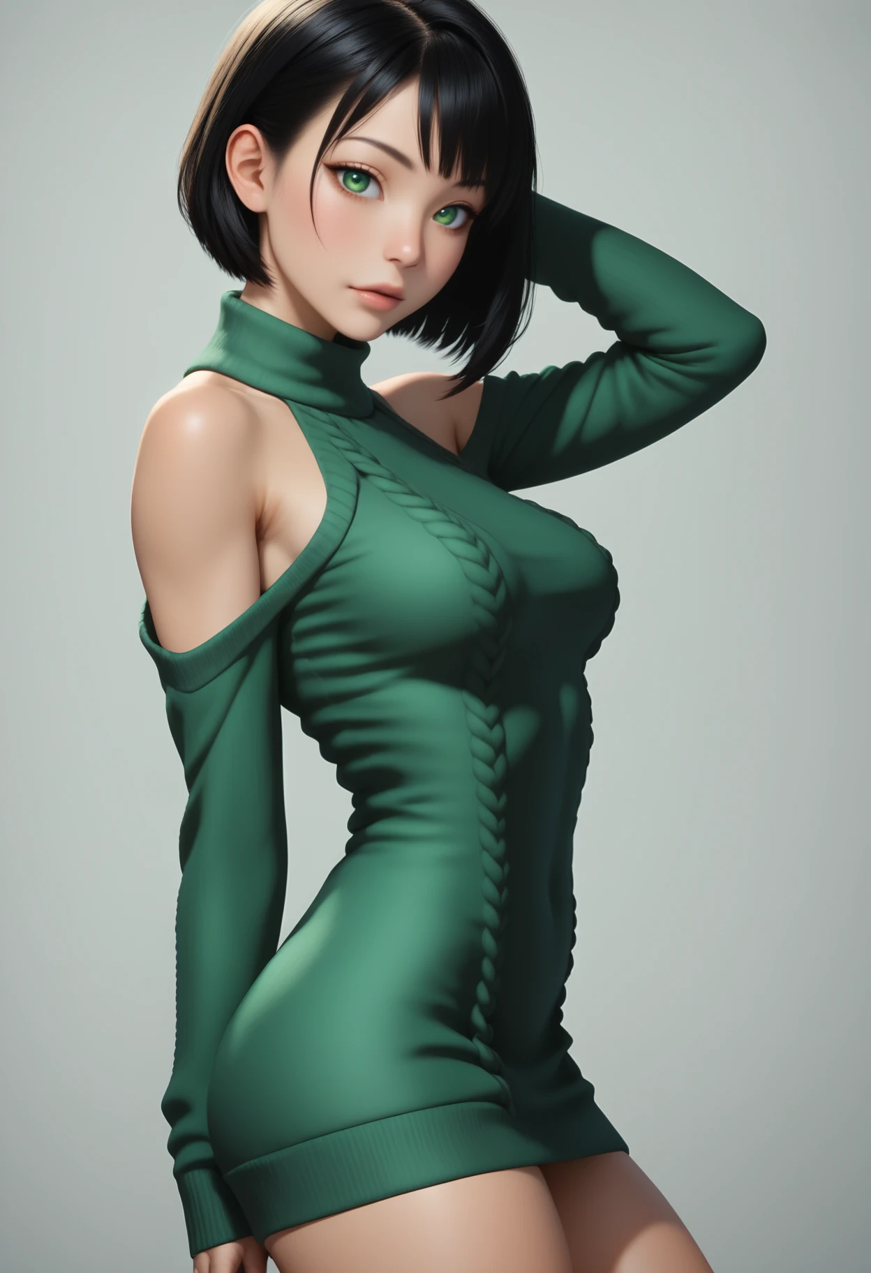 ((masterpiece, best quality, absurdres)),
1girl, solo, cowboy shot, sexy sweater dress, green dress, long sleeves, bare shoulders, hand behind head, looking at viewer, from side,
 <lora:Dark_Jade_Illust_v1:0.8> d4rkj4d3, black hair, green eyes,