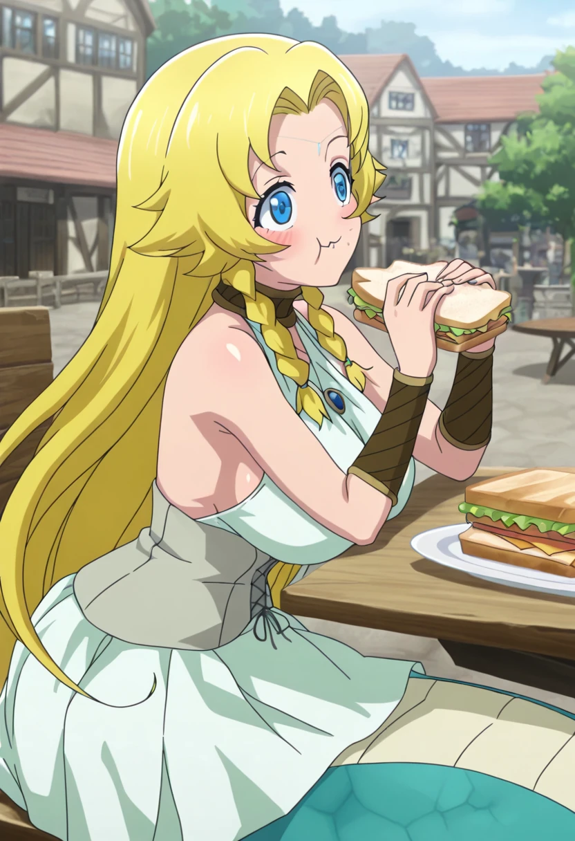 masterpiece, best quality, amazing quality, very aesthetic, absurdres, volumetric lighting, ultra-detailed,8K,shiny hair,ultra-detailed-eyes, 25yo,volumetric lighting, shiny skin, town, eating, sandwich, table, sitting, day,mature woman,solo, outside, sayonararyuuseicelina, celina, lamia,blonde hair, blue eyes, light green dress, corset, smile,blush,cowboy shot, open eyes,