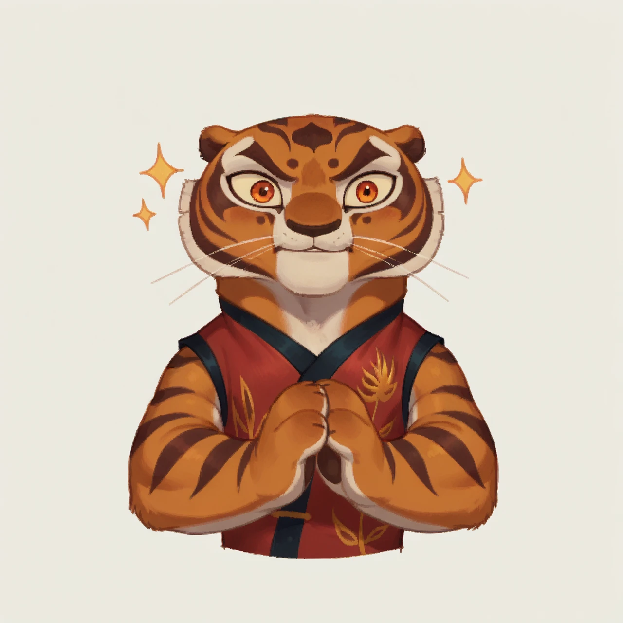 score_9, score_8_up, score_7_up, vkstickers, source_anime, outline, flat, 2d BREAK
Tigress, big eyes, happy, red clothes, white background <lora:vkstickers:0.85> <lora:tigress:0.65>