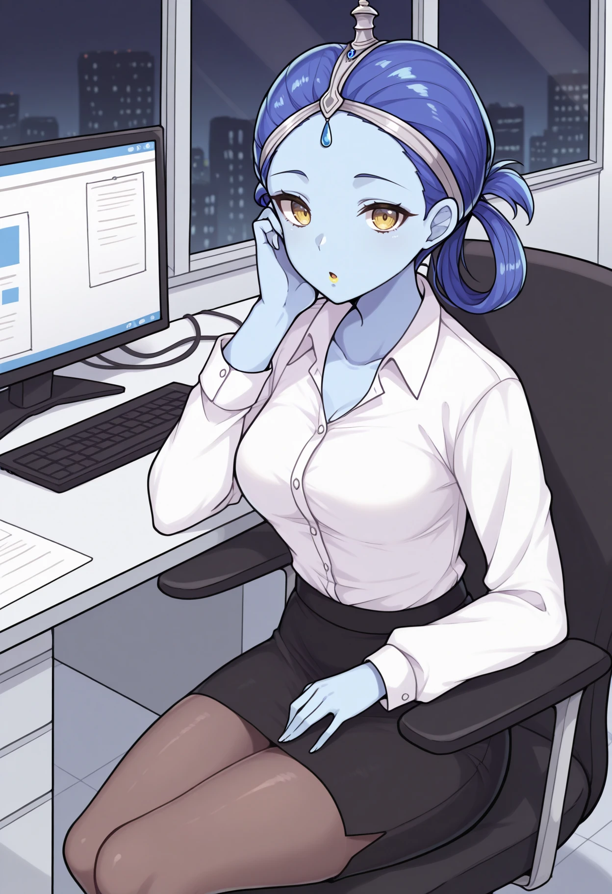 masterpiece, best quality, 1girl, sitting, :o, elbow rest, looking at viewer, <lora:ApsarasSMT-illu:1> apsrs, blue hair, hair rings, yellow eyes, blue skin, forehead jewel, tiara, yellow lips, dress shirt, medium breasts, collarbone, long sleeves, black skirt, pencil skirt, pantyhose, office, office chair, computer, desk, cubicle, window, city