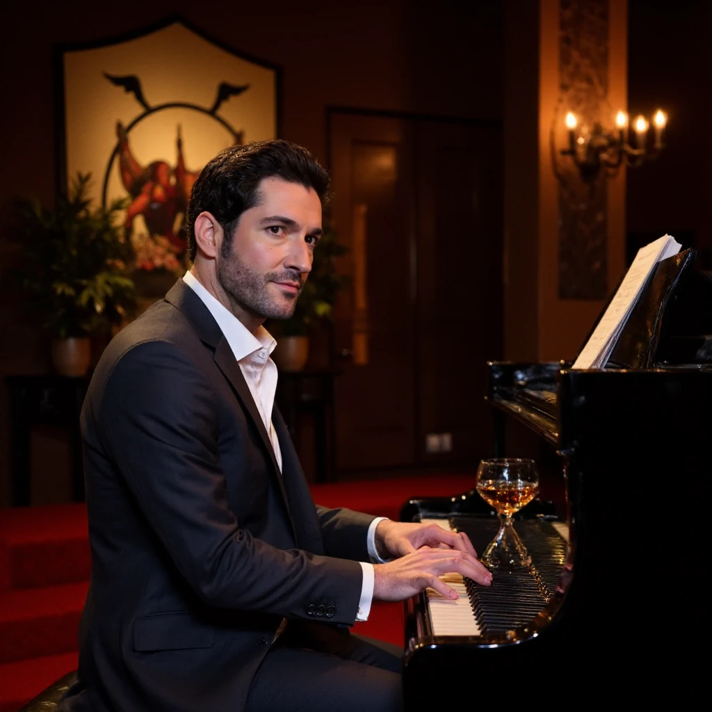 <lora:Lucifer:0.9> lucifer, a man with facial hair, wears a suit and plays piano. A wisky glass on the piano.