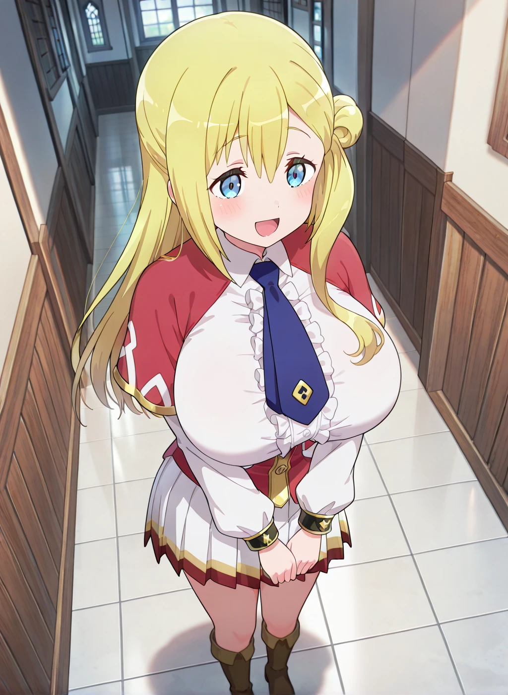 High quality,Ultra detailed,best quality,insanely detailed,beautiful,perfect lighting,masterpiece,absurdres,very aesthetic,sensitive BREAK
1girl,solo,<lora:enome_V1_IL:1>,enome,long hair,single hair bun,futoku no guild,blonde hair,blue eyes,white shirt,blue necktie,long sleeves,red capelet,large breasts,frills,pleated skirt,white skirt,boots,brown footwear,indoors,day,looking_at_viewer,standing,laughing,full body,