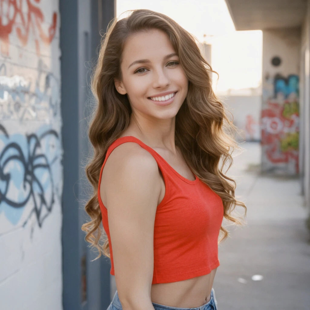 This is a high-resolution photograph taken with a likely DSLR camera, possibly a Canon EOS series, with a shallow depth of field focusing on the subject while the background is slightly blurred. The image captures a young woman with light skin, long brown hair styled in loose waves, and a warm smile. She is wearing a red, sleeveless crop top, paired with light blue jeans. The setting appears to be an urban environment with a tiled wall on the left side, covered in graffiti and tags in black and red. The sunlight creates natural lighting, casting shadows and highlighting her features. The background includes more graffiti on a white door and a slightly blurred wall with additional tags. The image has no visible JPEG artifacts.