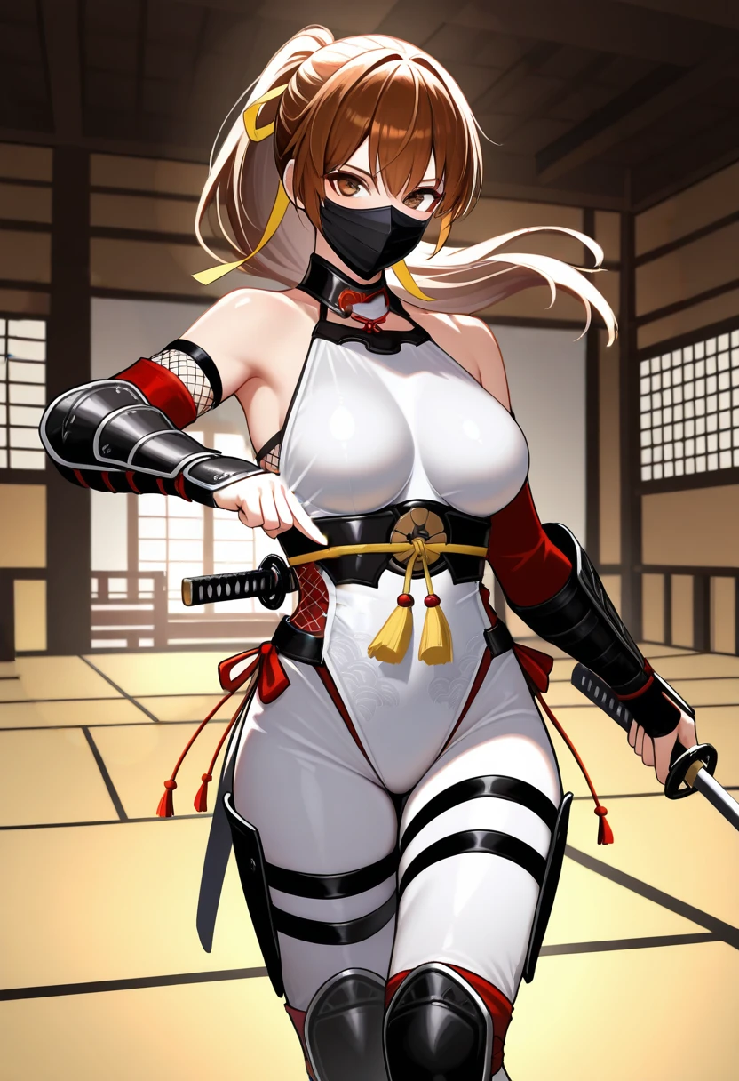 masterpiece, best quality, newest, absurdres, highres ,   <lora:KasumiIllustDOA-000014:0.9> , KSMIKNCHI, brown hair, brown eyes, ponytail, mouth mask, white bodysuit, breastplate,   bare shoulders, fishnet, detached sleeves, black arm guards, thigh strap,  tabi, cowboy shot, kuji-in, hand gesture, 1 girl, solo, yellow ribbon, hair ribbon, breasts,, dynamic pose, katana, dojo, temple,