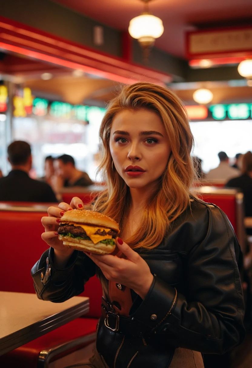 {   "T5": "Chloe Grace Moretz is the center of attention in this high quality photo, taken with a Nikon D850 using a 50mm lens and a wide aperture to create a shallow depth of field. She is standing in a trendy, upscale diner, bathed in the soft, warm light of a setting sun filtering through the windows. Moretz is holding a generously sized, mouthwatering burger in her hands, the juices glistening in the light. She looks directly at the camera with an inviting, playful expression, her lips slightly parted as if she's about to take a bite. The diner around her is bustling with activity, filled with a diverse crowd of people enjoying their meals. The decor is a mix of vintage and modern, with gleaming chrome, red leather booths, and neon signs. The overall mood is one of comfort, satisfaction, and a touch of nostalgia.",   "CLIP": ["Chloe Grace Moretz", "burger", "diner", "Nikon D850", "50mm lens", "wide aperture", "shallow depth of field", "warm light", "vintage decor", "red leather", "neon signs", "playful expression"] }