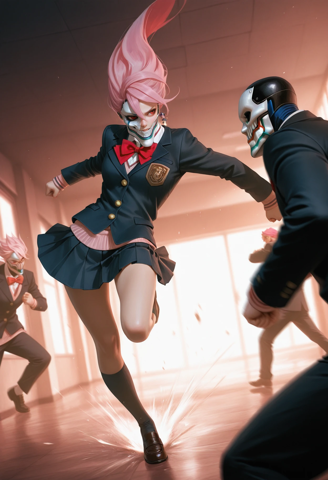 masterpiece, best quality, realistic,
 <lora:Aira Dandadan [IL]:1> 1girl, aira, pink hair, red eyes, mask, white mouth mask, long hair   ||1.  school uniform, red bow tie, pleated skirt, high socks, shoes, 
 <lora:Fighting scene [IL]:0.8> fight_scene, battle,  motion blur, kicking, multiple boys,