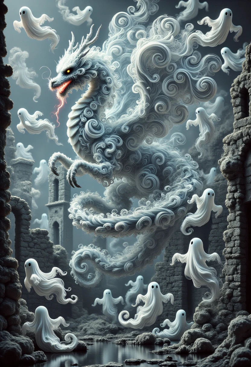 aidmafluxpro1.1, 
A dragon made of ghosts is flying over the ruins of an ancient castle. The dragon has fiery eyes, he is breathing fire in the sky. The scene is foggy and surreal with swirly ghosts flying around.
masterpiece, best quality