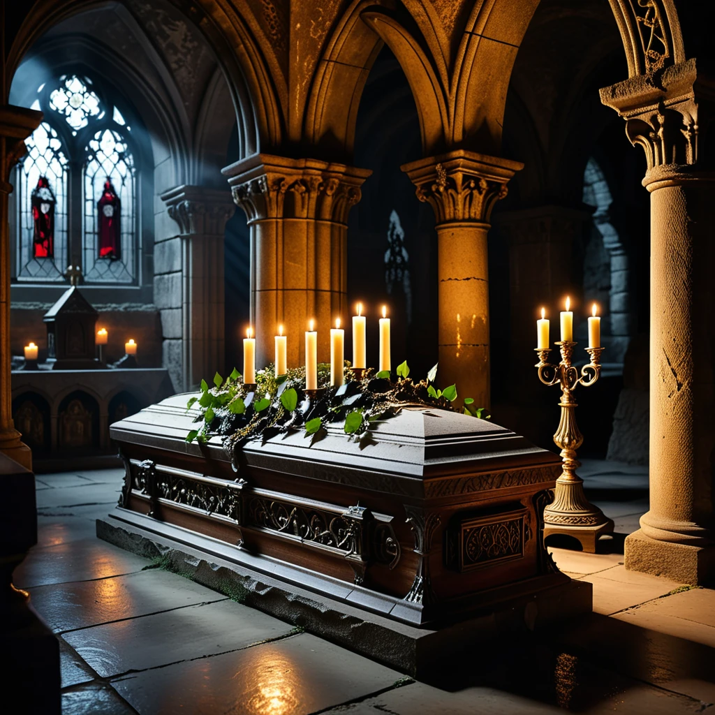 horror-themed A dramatic and atmospheric photograph of the interior of an ancient crypt, dimly lit by flickering candlelight. The crypt features old, cracked stone walls covered in moss and ivy, with intricate carvings and Gothic details etched into the stone. At the center of the crypt lies an ornate vampire coffin, made of dark, polished wood with silver and gold inlays, adorned with ancient symbols and intricate Gothic patterns. The coffin is slightly ajar, revealing a glimpse of red velvet lining. Surrounding the coffin are scattered bones, dusty cobwebs, and antique candelabras with melting candles, casting eerie shadows across the crypt. The mood is dark, mysterious, and hauntingly beautiful, with subtle rays of pale moonlight filtering through a small, broken stained-glass window.
<lora:SDXLFaeTastic2400:0.4> <lora:extremely_detailed:0.4> extremely detailed,, eerie, unsettling, dark, spooky, suspenseful, grim, highly detailed, Masterpiece,best quality,hi res,8k,hi res,8k,award winning,(sharp focus, intricate, highly detailed),