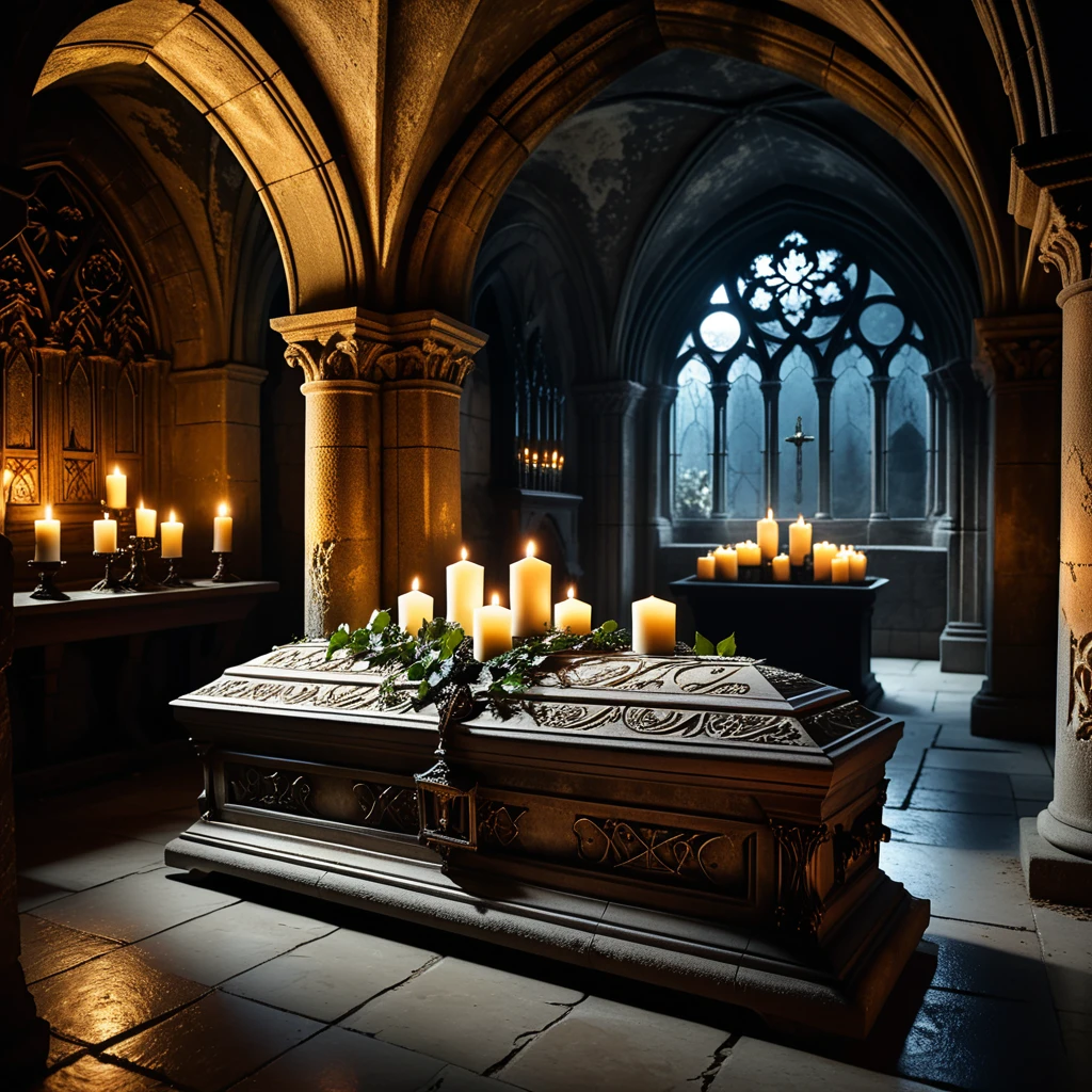 horror-themed A dramatic and atmospheric photograph of the interior of an ancient crypt, dimly lit by flickering candlelight. The crypt features old, cracked stone walls covered in moss and ivy, with intricate carvings and Gothic details etched into the stone. At the center of the crypt lies an ornate vampire coffin, made of dark, polished wood with silver and gold inlays, adorned with ancient symbols and intricate Gothic patterns. The coffin is slightly ajar, revealing a glimpse of red velvet lining. Surrounding the coffin are scattered bones, dusty cobwebs, and antique candelabras with melting candles, casting eerie shadows across the crypt. The mood is dark, mysterious, and hauntingly beautiful, with subtle rays of pale moonlight filtering through a small, broken stained-glass window.
<lora:SDXLFaeTastic2400:0.4> <lora:extremely_detailed:0.4> extremely detailed,, eerie, unsettling, dark, spooky, suspenseful, grim, highly detailed, Masterpiece,best quality,hi res,8k,hi res,8k,award winning,(sharp focus, intricate, highly detailed),