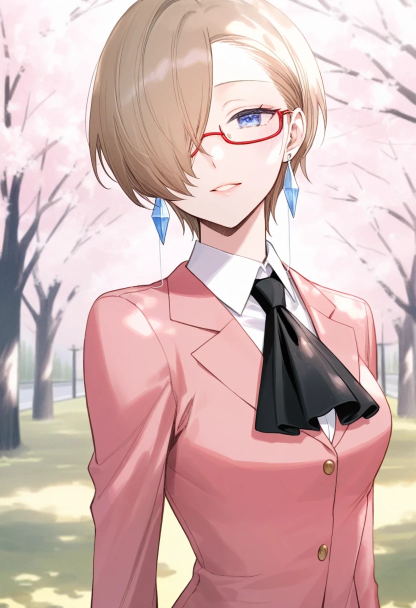 artist:gomzi,artist:wanke,artist:diyokama, rei_(sanbonzakura),[[artist:fuzichoco]],year 2024, park, 1girl, solo,
cybilla becker, brown hair, short hair, blue eyes, hair over one eye, under-rim eyewear, red-framed eyewear, earrings, pink jacket, black ascot, black skirt, 
upper body,
<lora:ntmf_majorcharacters.ilxl.v02:0.8>