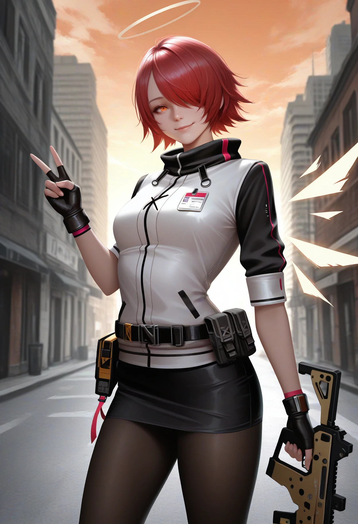 masterpiece, best quality, realistic, solo, 1girl, exidef, detached wings, energy wings, smile, looking at viewer, standing, v, holding gun, submachine gun, kriss vector, short hair, red hair, hair over one eye, halo, orange eyes, white jacket, id card, black belt, belt pouch, short sleeves, raglan sleeves, black gloves, fingerless gloves, black skirt, miniskirt, black pantyhose, outdoors, orange sky, cloud, city, street, building, wind lift
<segment:yolo-Anzhc Face seg 640 v2 y8n.pt,0.4,0.5//cid=1>