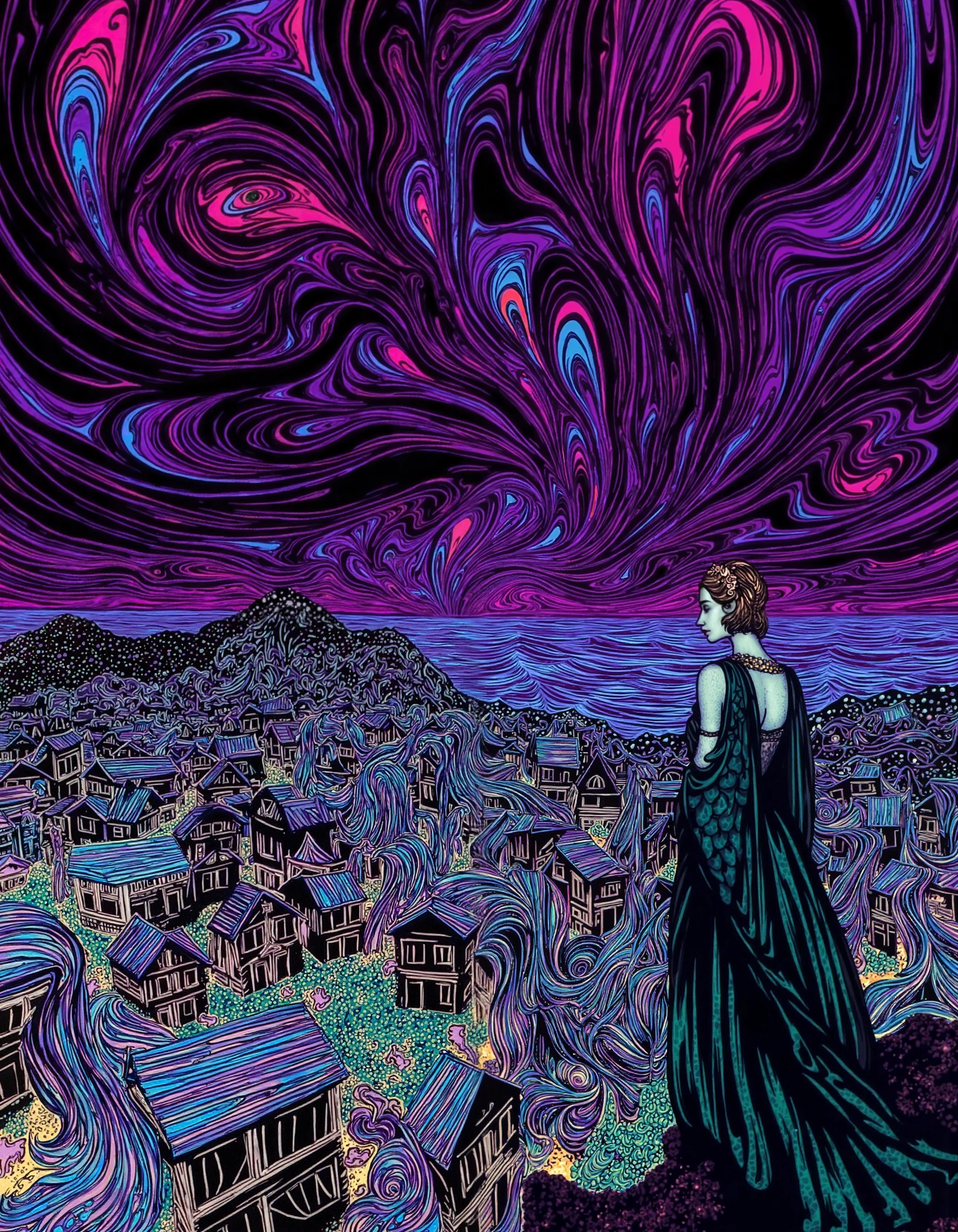 DB4RZ style painting, ãancientstyle, ne0nfant4sy, iphone photo, A surreal, abstract digital landscape stretches before us, where a glitched market looms under a vast, purple and black sky. The medieval merchant lady stands at the market's edge, her teal and blue scales shimmering in the eerie glow. The market, fragmented and distorted, pulses with intricate dot and line patterns, casting hypnotic wavy shapes across the scene. Above, the void stretches endlessly, swirling with vivid, otherworldly hues that blend fluidly with the dark sky. The patterns and colors twist unnaturally, with vibrant psychedelic tones stark against the high-contrast, minimalistic background. Amidst this chaotic yet captivating scenery, the merchant lady gazes into the void, her figure framed by the surreal, flowing motion of the glitching world around her. The strange mix of the distorted market, the alien sky, and the tranquil yet eerie scene creates a visual both majestic and unsettling, where the familiar warps into the unknown in a mesmerizing display. (fluid motion: 2.5) (high contrast: 2.3) neon pulses cours masterpiece, best quality, 8k, intricate details, magnificent, celestial, ethereal, painterly, epic, majestic, magical, fantasy art, cover art, dreamy, In the style of grimmold<lora:Grimmold.safetensors:1.0:1.0>